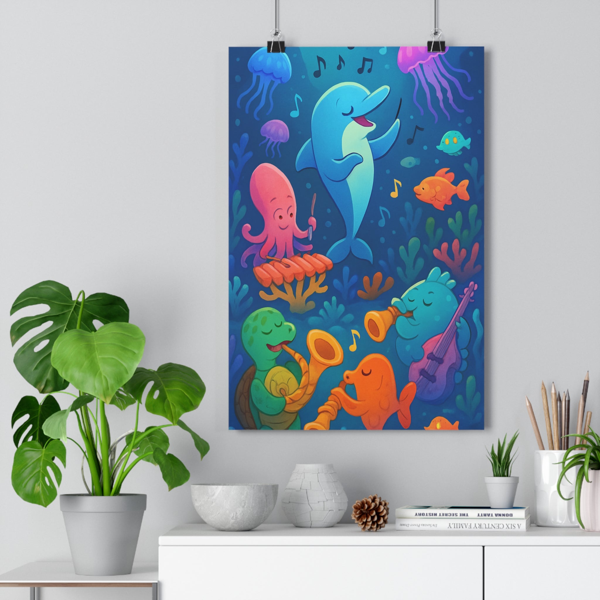 Poster décoratif musical océan bleu rose enfant chambre dynamique joyeux créatif vibrant unique tendance
