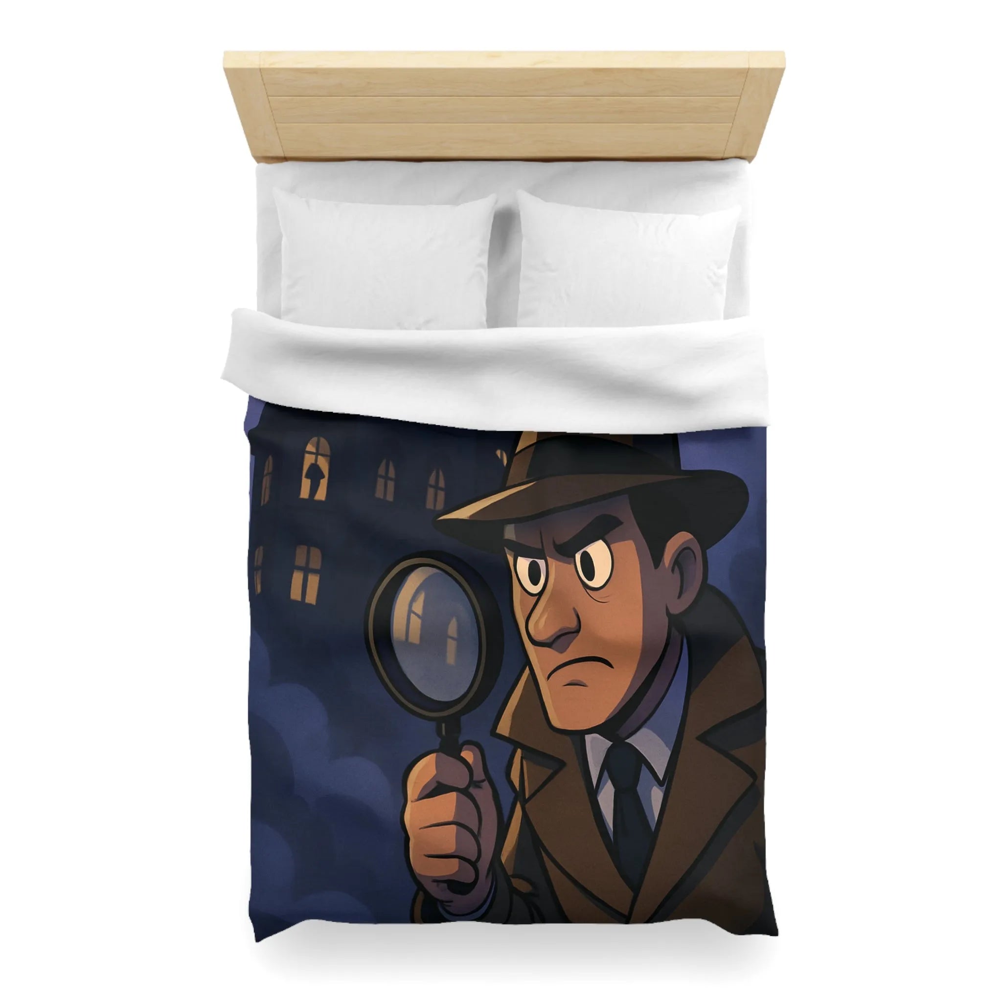 Housse de couette avec détective en enquête devant un manoir hanté mystérieux