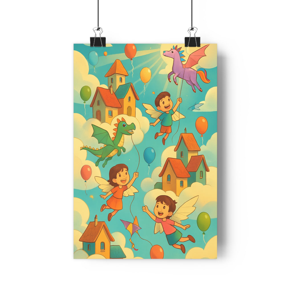 Poster décoratif enfant cartoon ciel bleu pastel joyeux magique chambre aventure créature nuage coloré