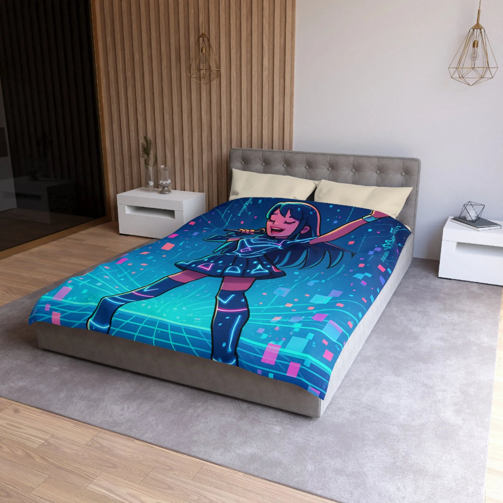 Housse de Couette Fille Chanteuse Néon Style Futuriste Graphiques Lumineux Bleu Rose