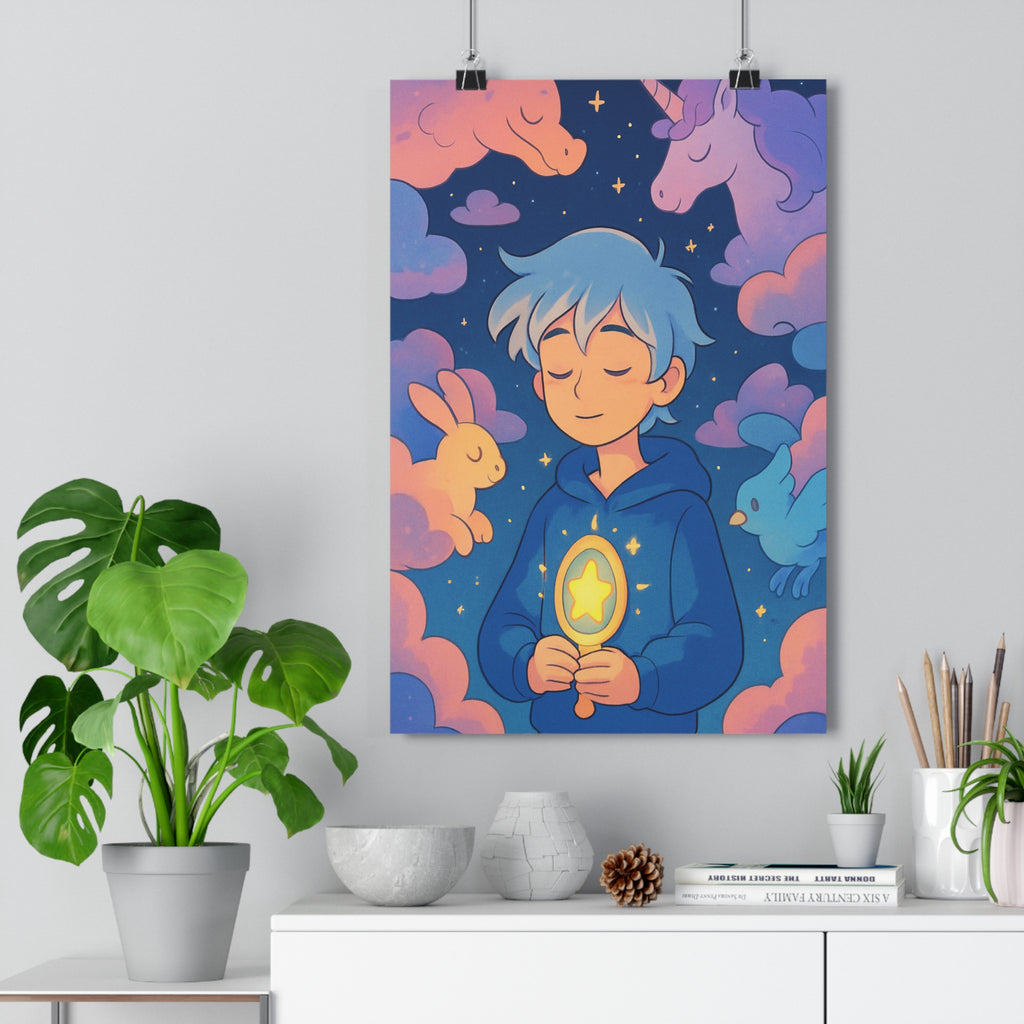 Poster décoratif rêveur pastel bleu rose violet enfant chambre créatures fantastiques apaisant 30x46 cm