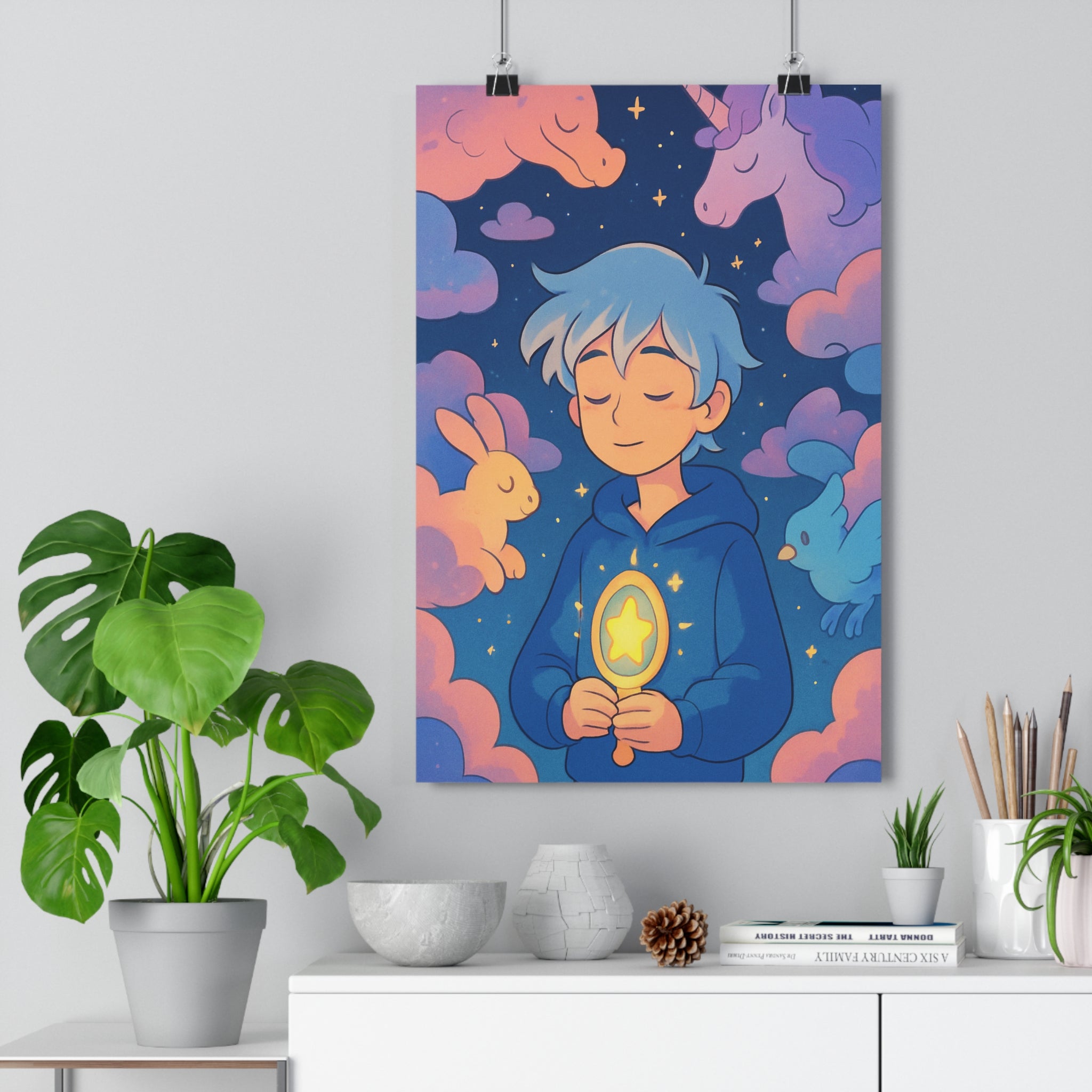 Poster décoratif rêveur pastel bleu rose violet enfant chambre créatures fantastiques apaisant 30x46 cm