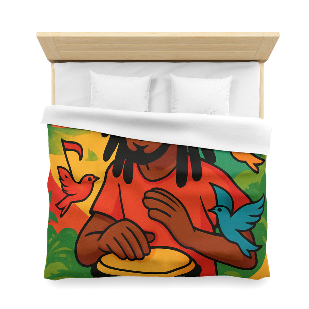 Housse de couette vibrante arc-en-ciel reggae avec tambour, palmiers et oiseaux colorés