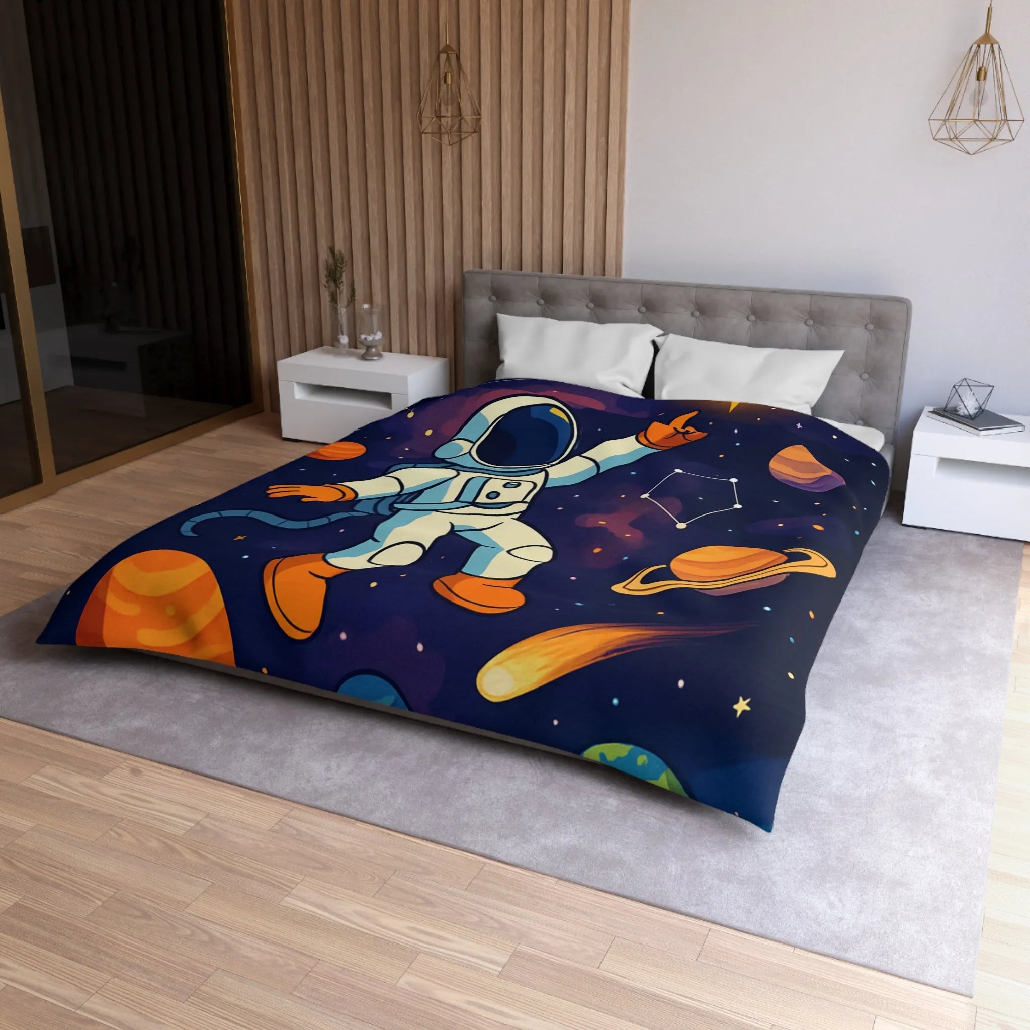 Housse de Couette Astronaute Enfantine avec Étoiles, Planètes et Constellations Colorées pour Chambre