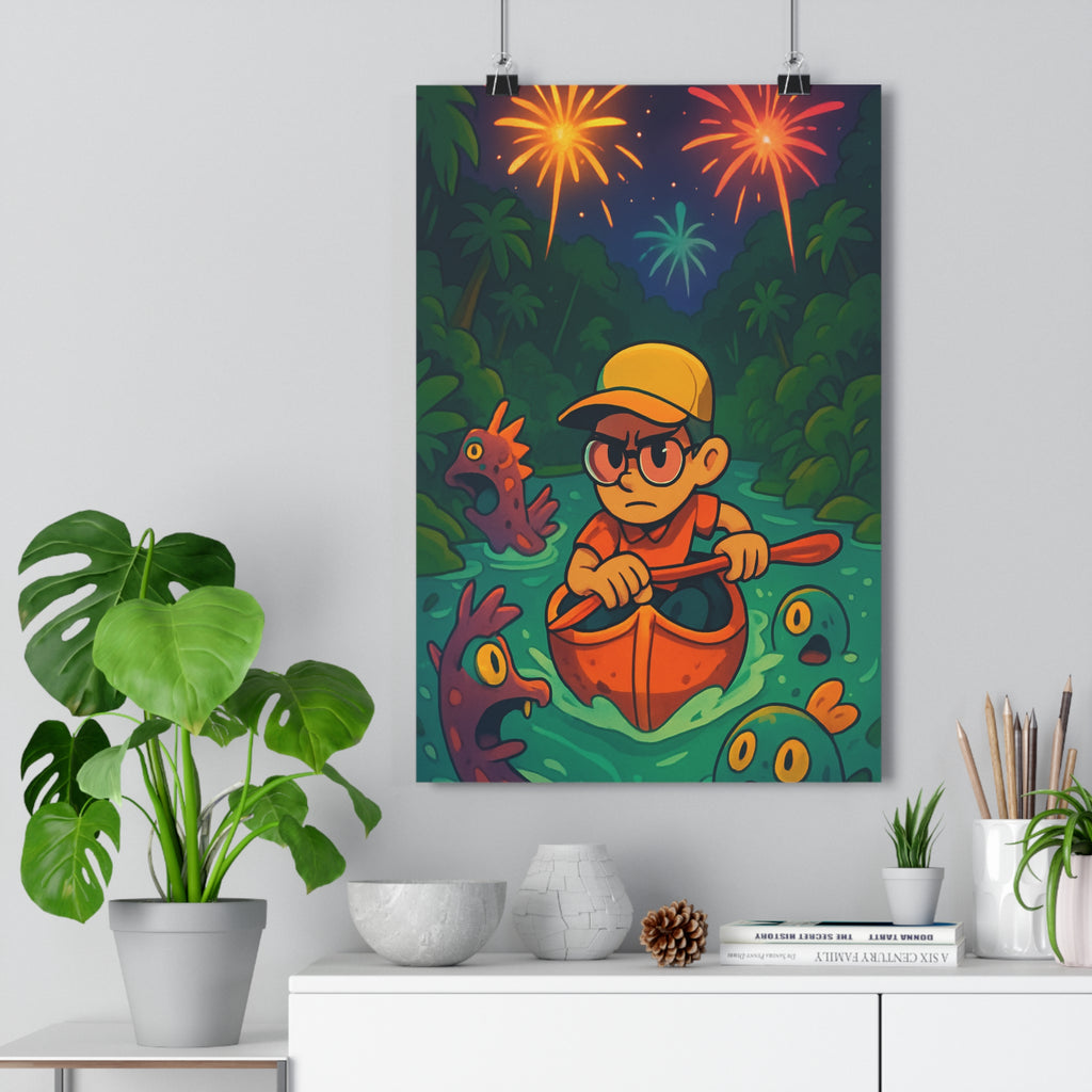 Poster décoratif aventure cartoon dynamique couleurs vives créatures agenceur bureau enfant style vibrant qualité