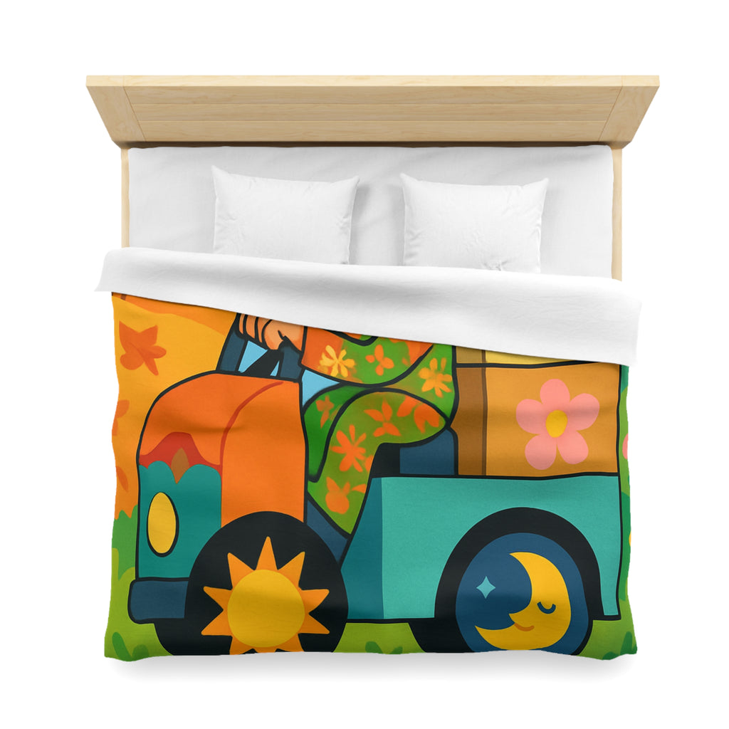 Housse de Couette Paisible Illustrant un Paysage Automnal avec Motifs Floraux et Naturels