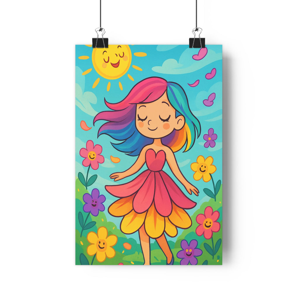 Poster décoratif jardin enchanté fillette arcenciel cartoon joyeux chambre enfant fleurs lumineuses pétale ambiance