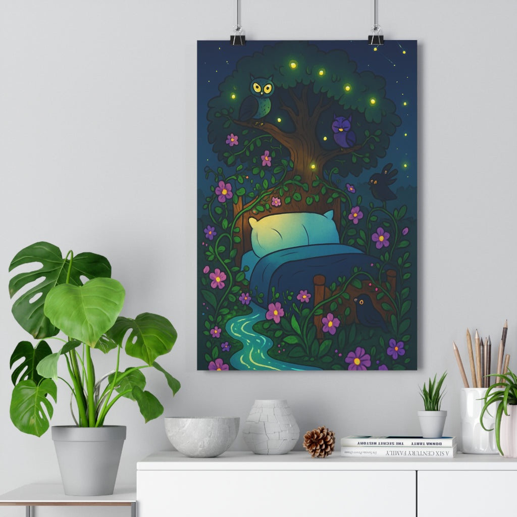 Poster décoratif mystique violet nature cartoon chambre détente magique hiboux arbre lucioles lumineux 30x46