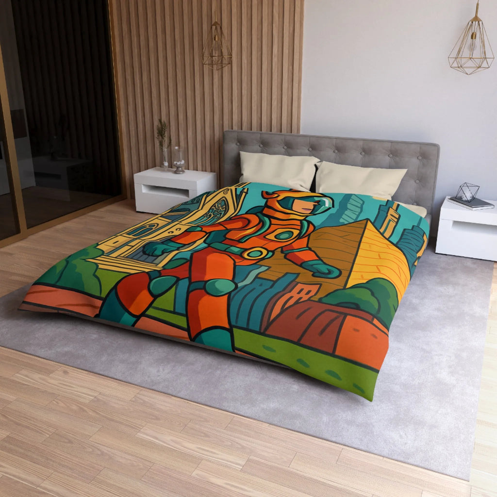 Housse de Couette Astronaute avec Paysages Urbains et Architecturaux, Couleurs Vives et Design Moderne