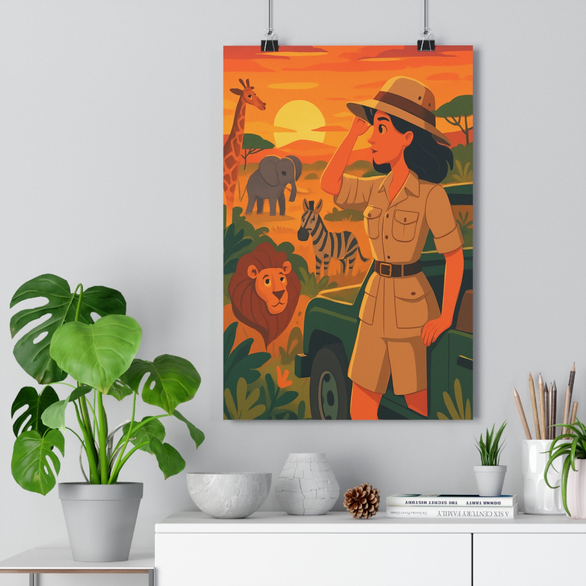 Poster décoratif cartoon aventure animaux africains femme exploratrice lumineux couleurs chaudes chambre enfant salon