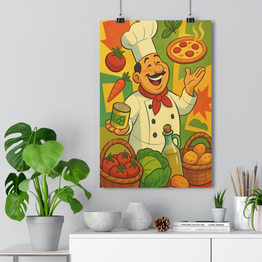 Poster décoratif cartoon vert jaune rouge joyeux cuisine salon chef ingrédients cuisine coloré chaleureux