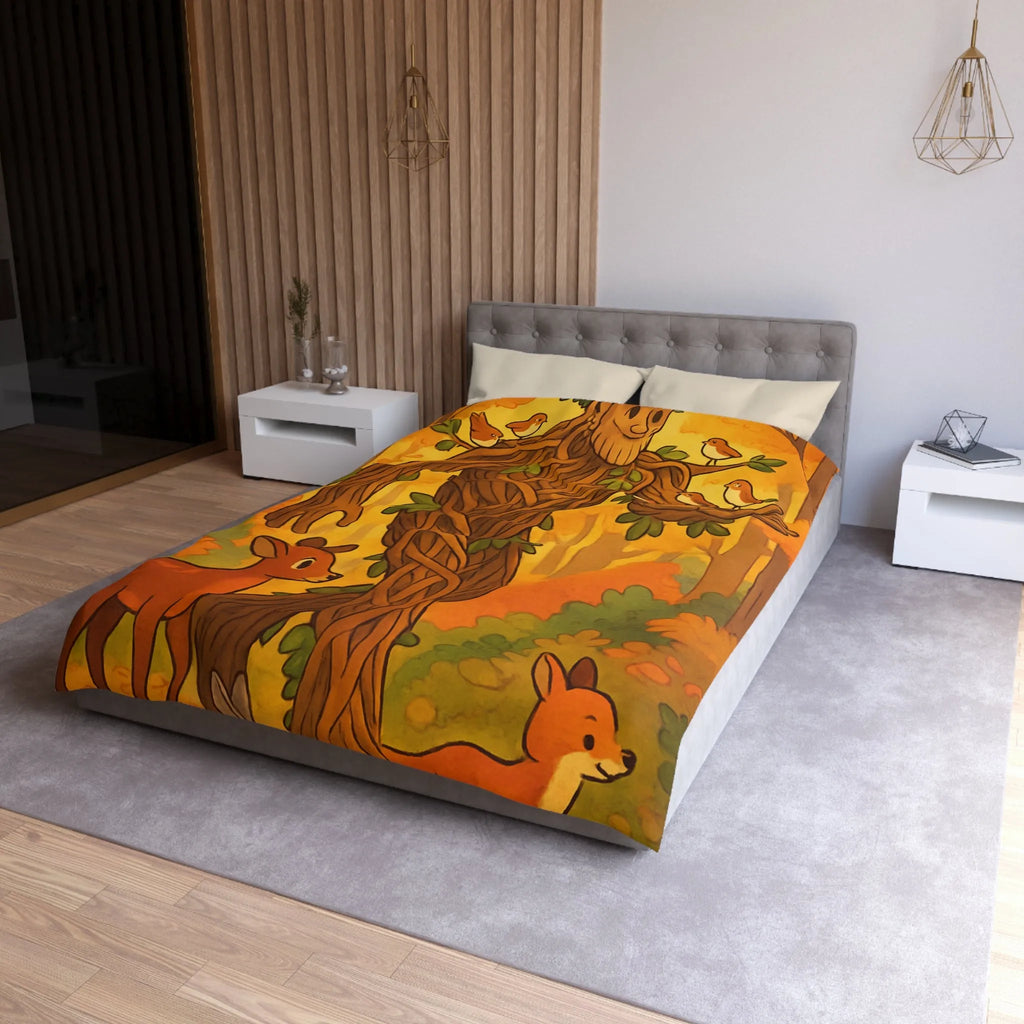 Housse de couette enchantée avec arbre humanoïde et animaux de la forêt colorés