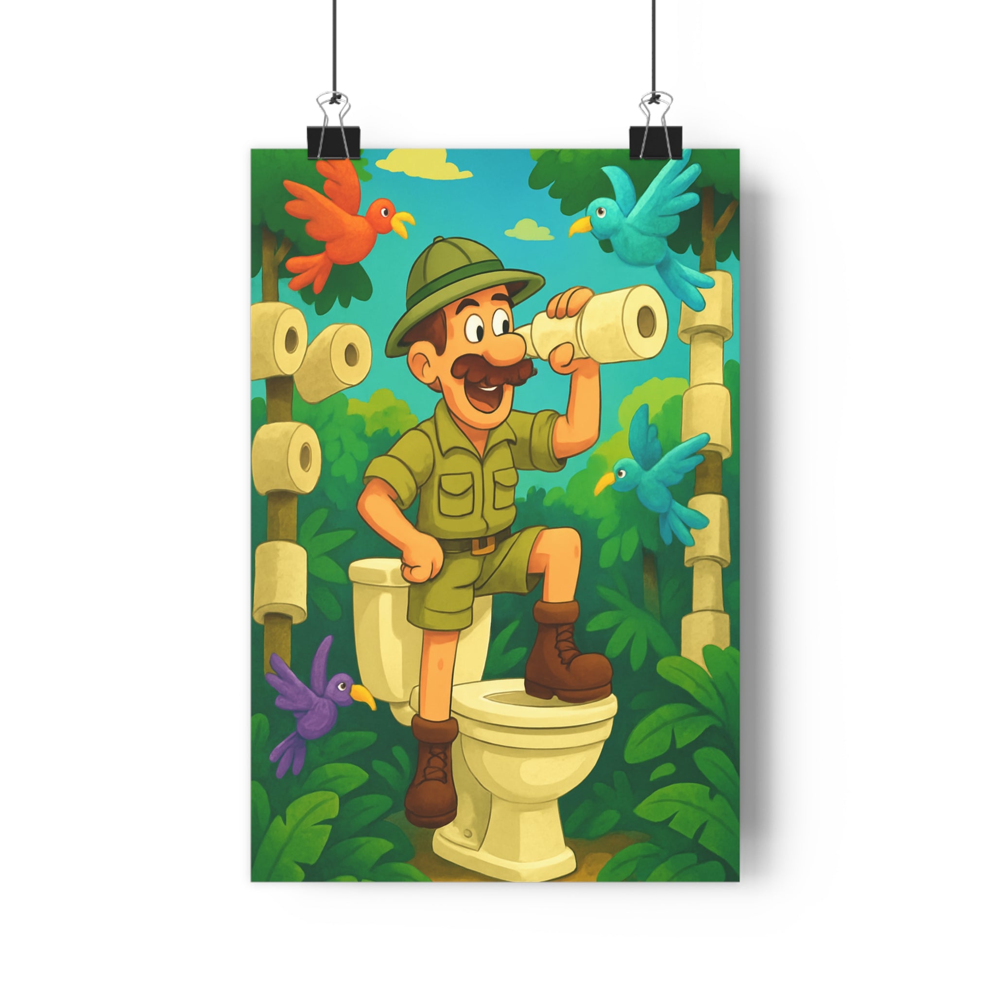 Poster décoratif aventure amusant vert orange bleu cartoon salle bain explorateur ludique original 30x46