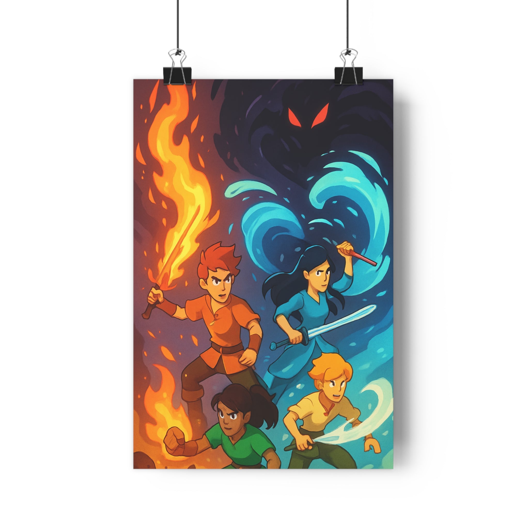 Poster décoratif anime vibrant rouge bleu guerrier épée feu chambre intense dynamique aventure visuel
