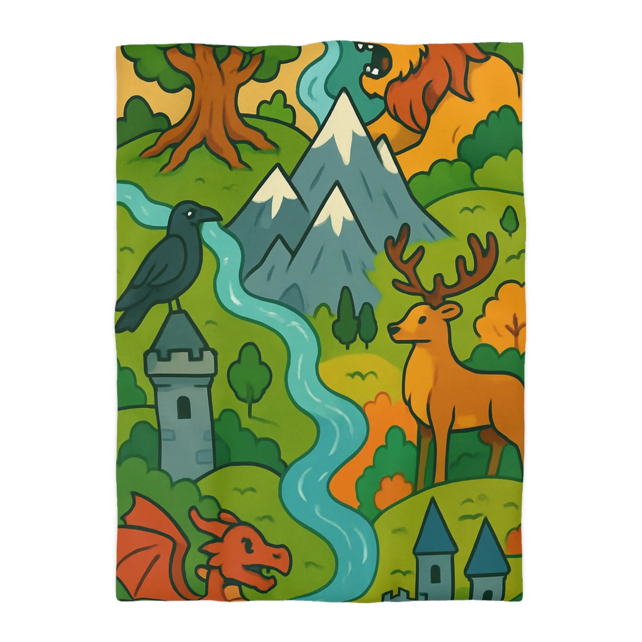 Housse de couette colorée avec motifs de nature, animaux et châteaux fantastiques magiques