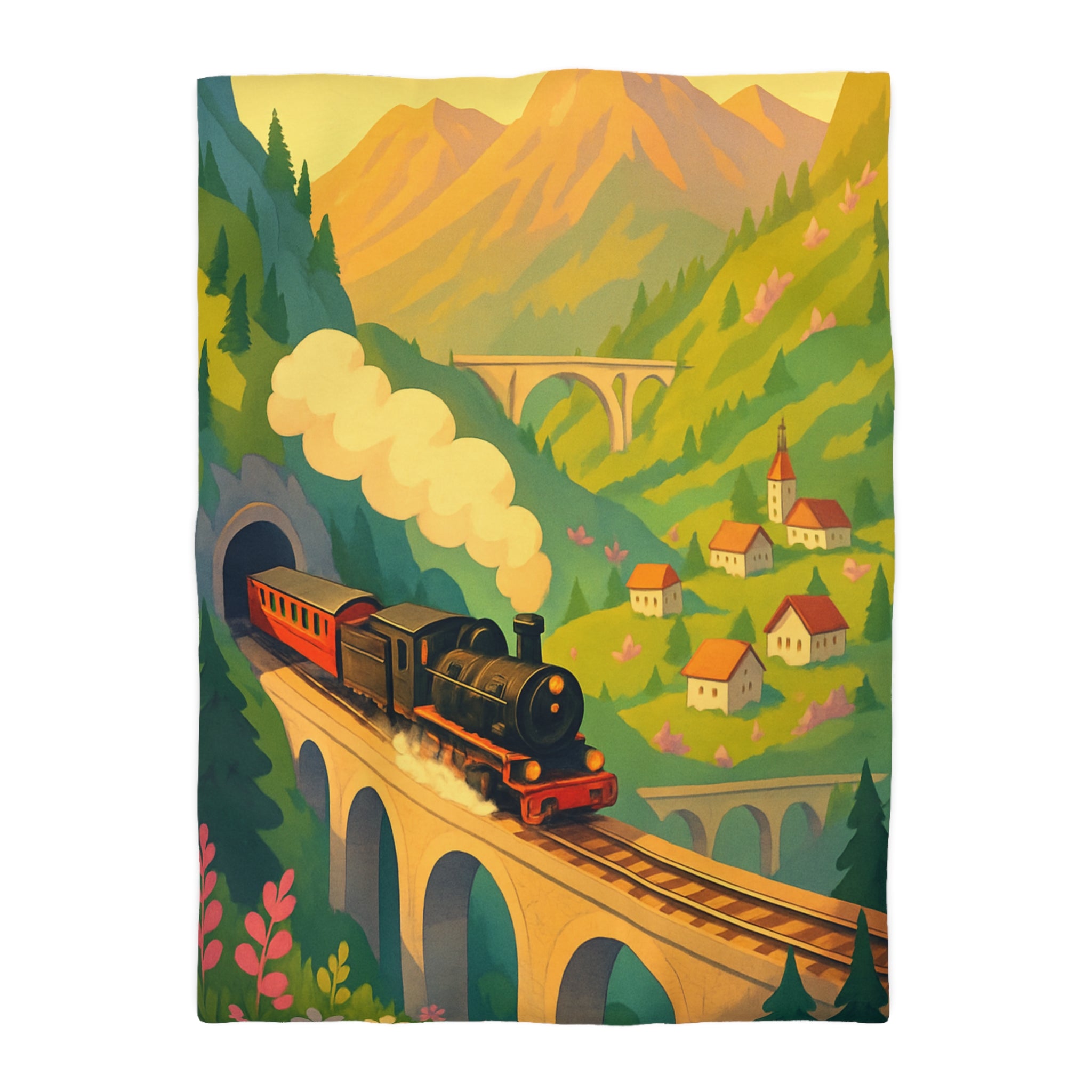 Housse de Couette Vintage Montagne Train Pont Naturelle Ambiance Enchantée Peinture Colorée