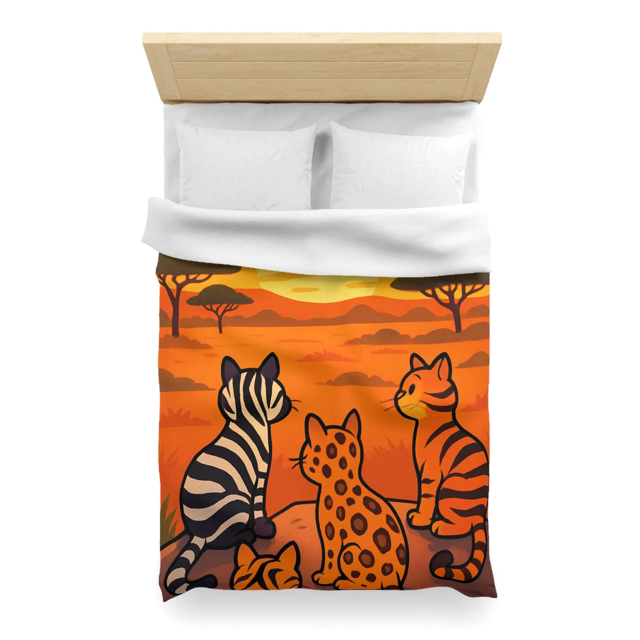 Housse de Couette avec Chats Sauvages Observant le Coucher de Soleil en Savane Africaine