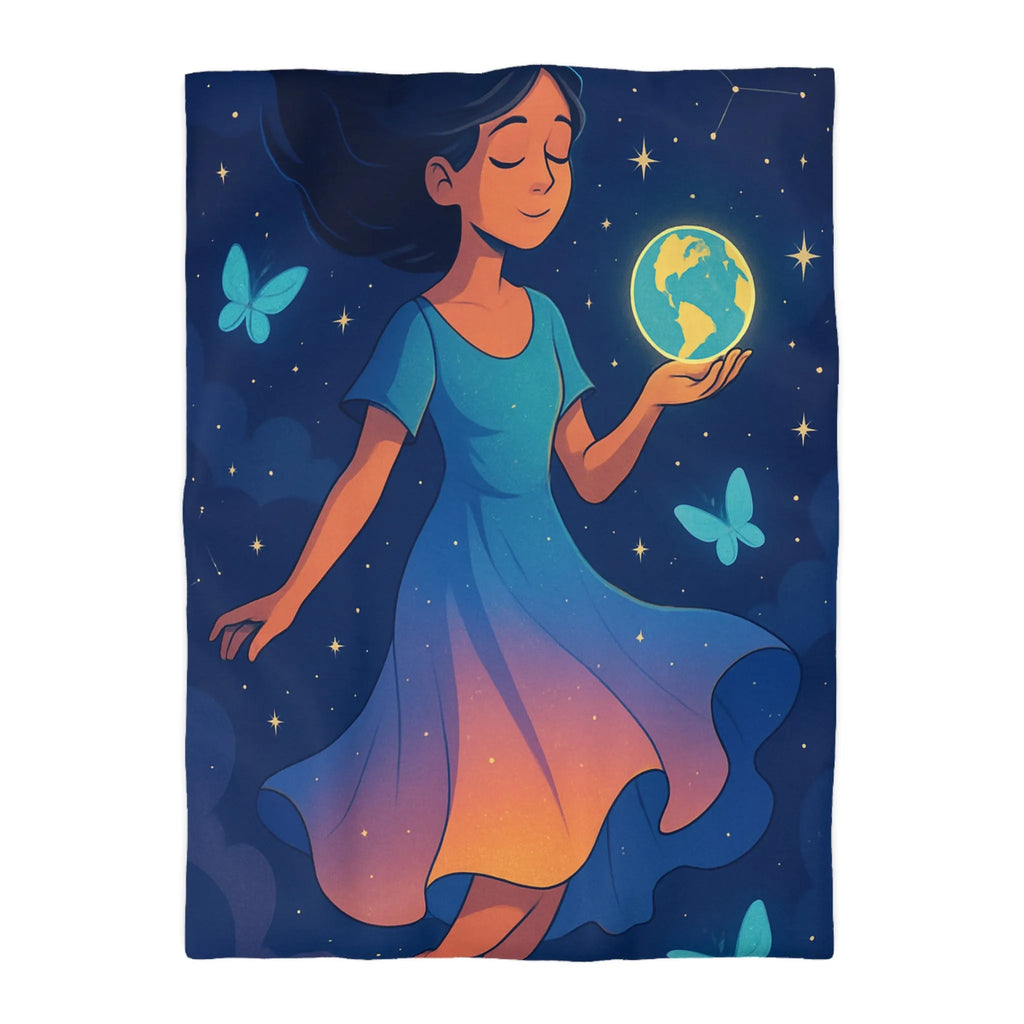 Housse de couette enfant rêve étoilé fille flottant avec globe et papillons