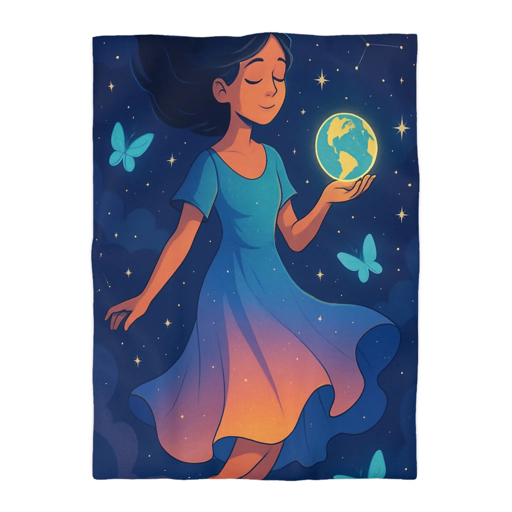 Housse de couette enfant rêve étoilé fille flottant avec globe et papillons