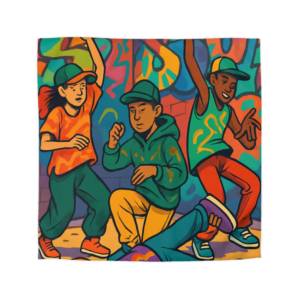 Housse de couette colorée illustrant danseurs de rue avec graffiti urbain énergisant