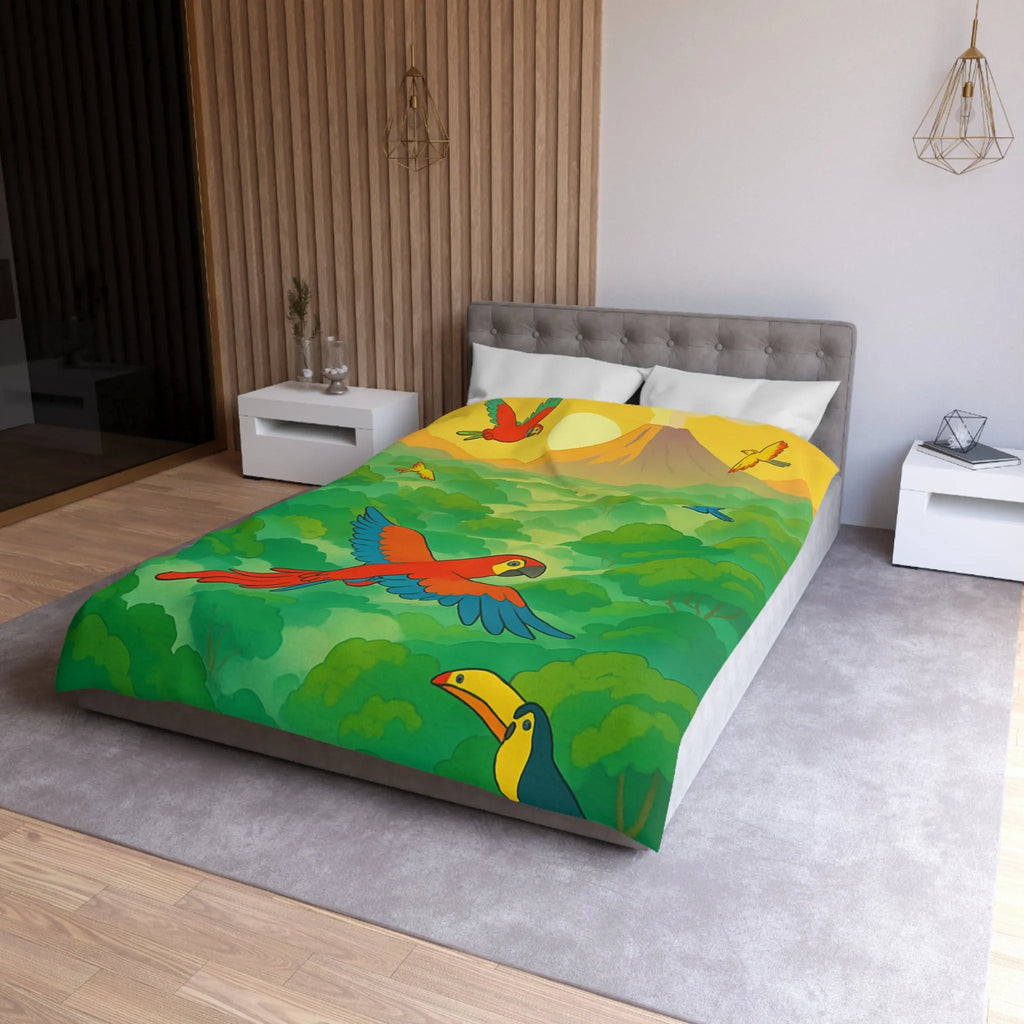 Housse de Couette Colorée Tropicale avec Perroquets et Paysage de Forêt Exotique