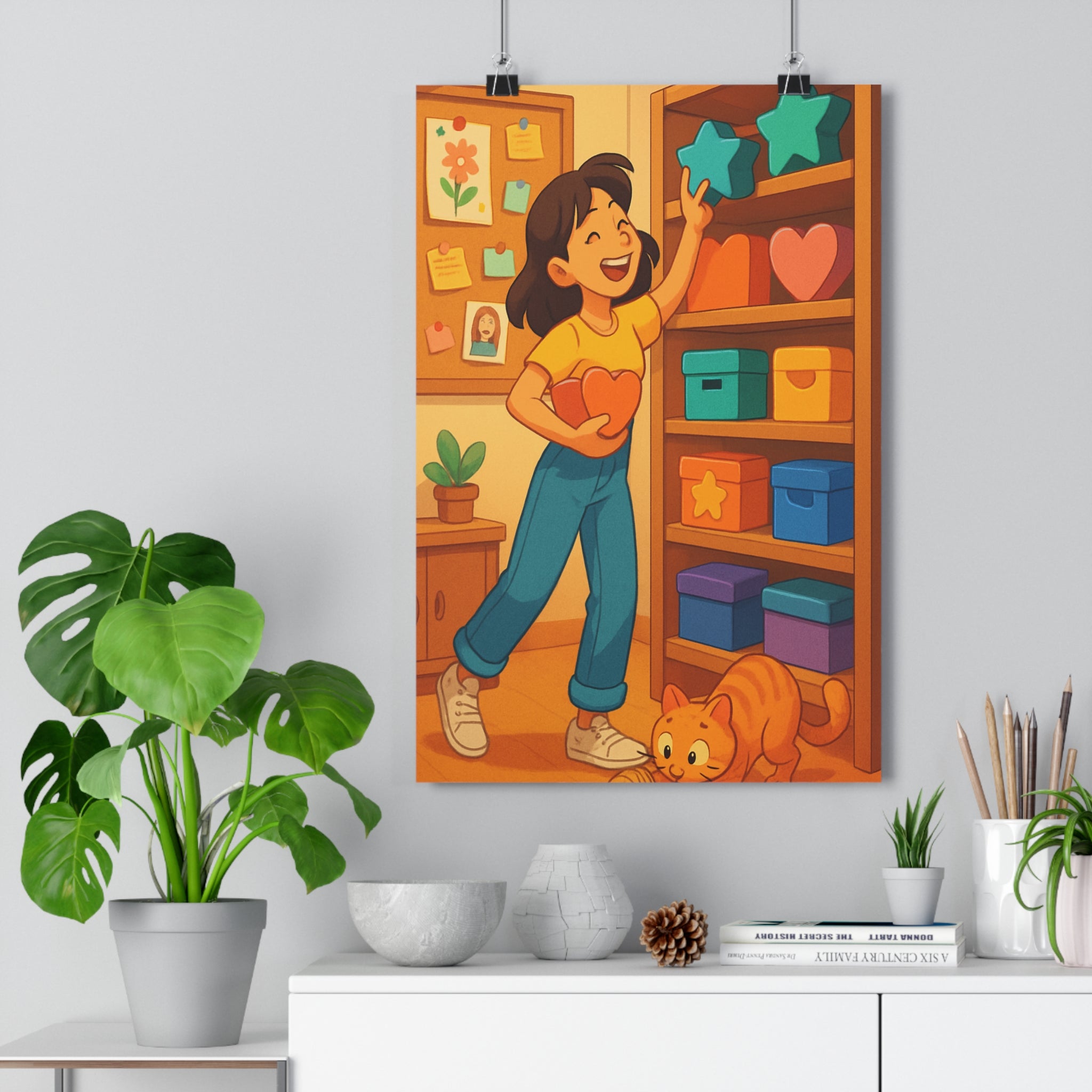 Poster décoratif aventure joyeux dessin animé jaune bleu orange chambre enfant contemporain unique tendance
