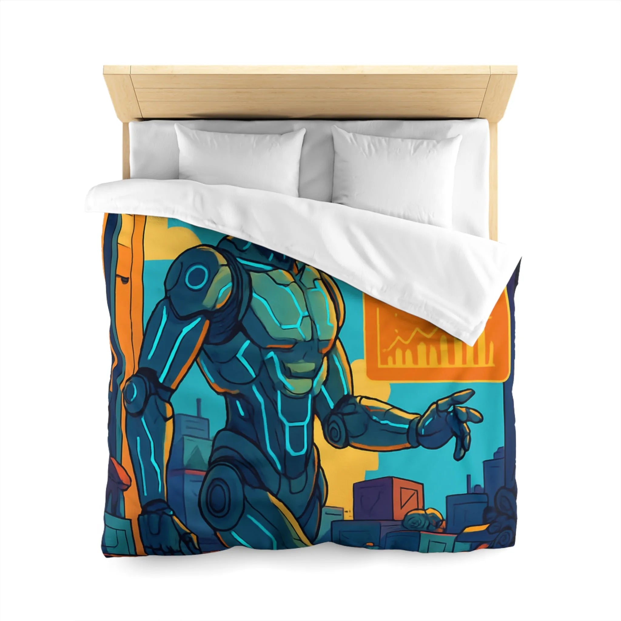 Housse de couette futuriste avec robot et drones, couleurs vives et graphiques modernes