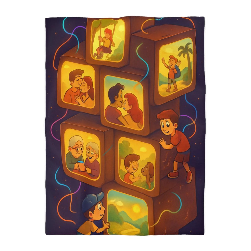 Housse de Couette Illustrée avec Scènes de Famille et Couleurs Chaudes, Ambiance Rétro