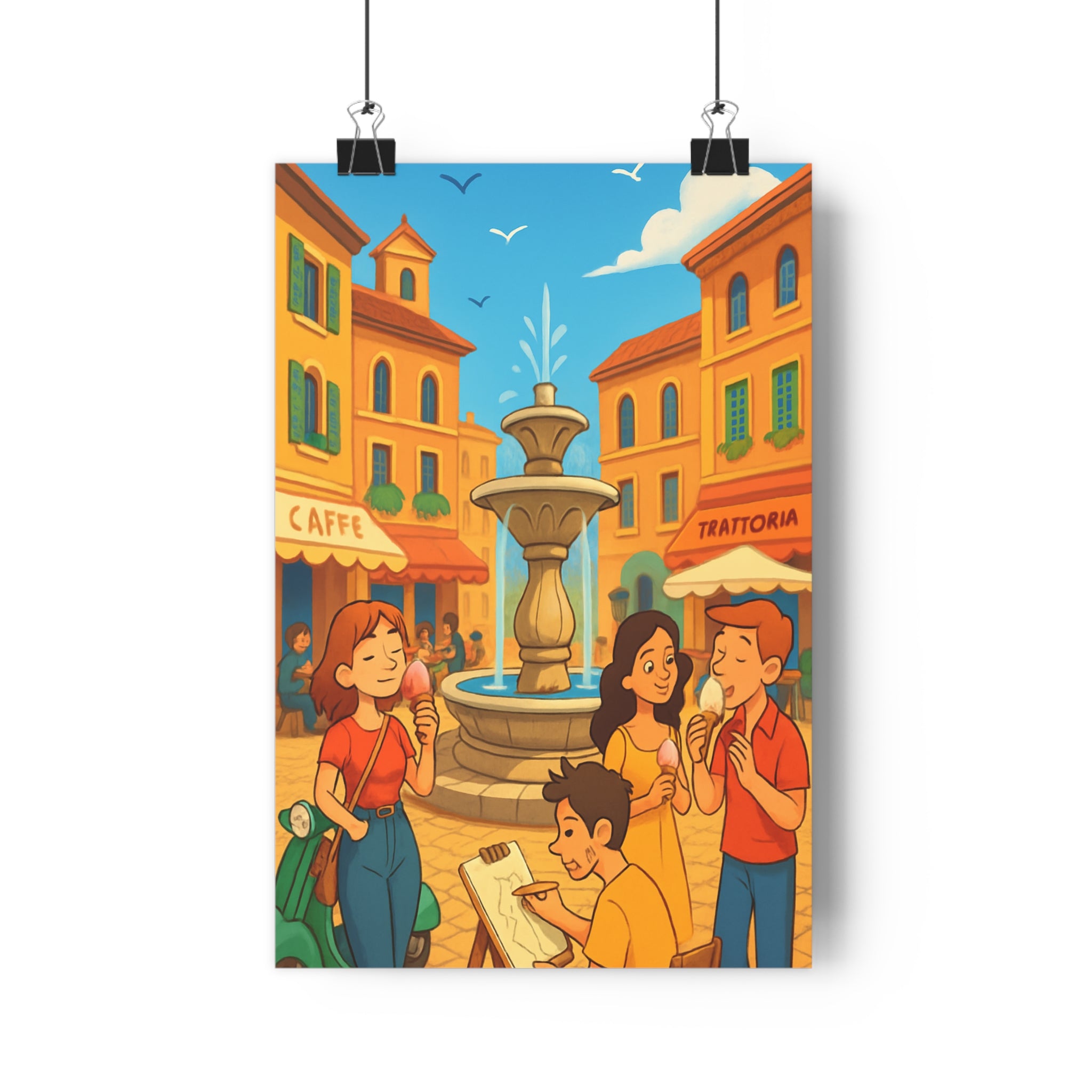 Poster décoratif coloré italien vintage joyeux salon chambre art fontaine architecture chaleureux unique qualité