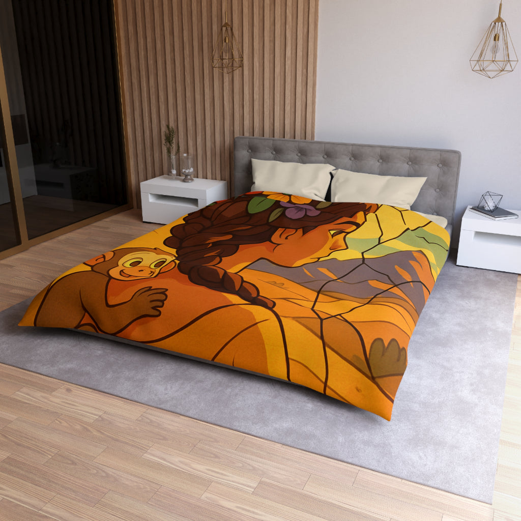 Housse de couette vibrante avec jeune femme et singe devant vitrail coloré