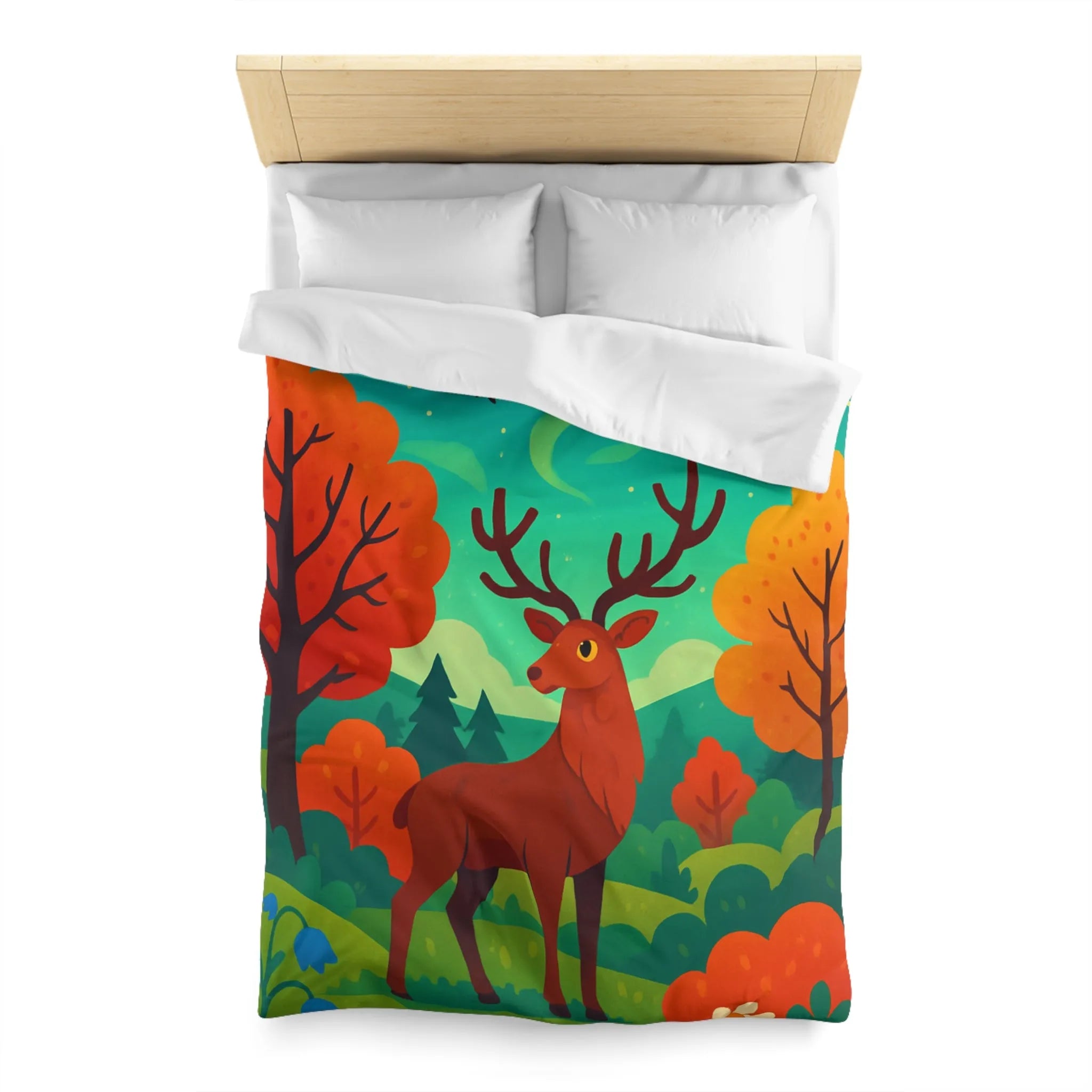 Housse de Couette Illustrée : Cerf Enchanté et Aurore Boréale dans Forêt Féérique