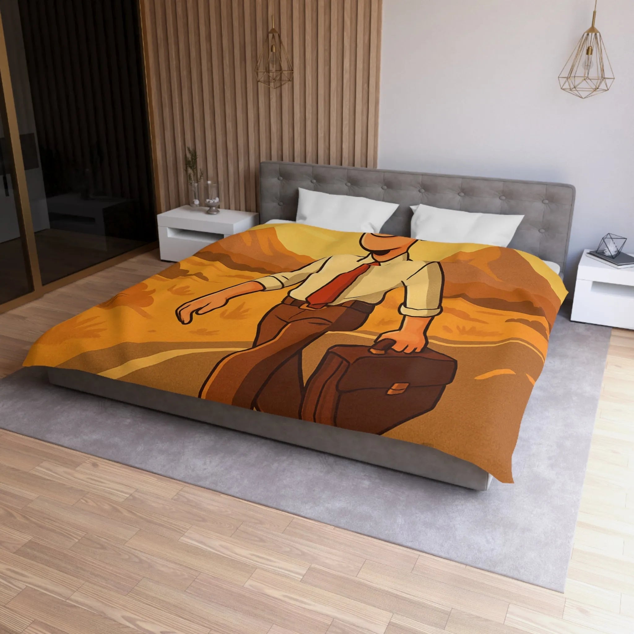 Housse de couette avec illustration d'homme marchant au coucher du soleil style rétro