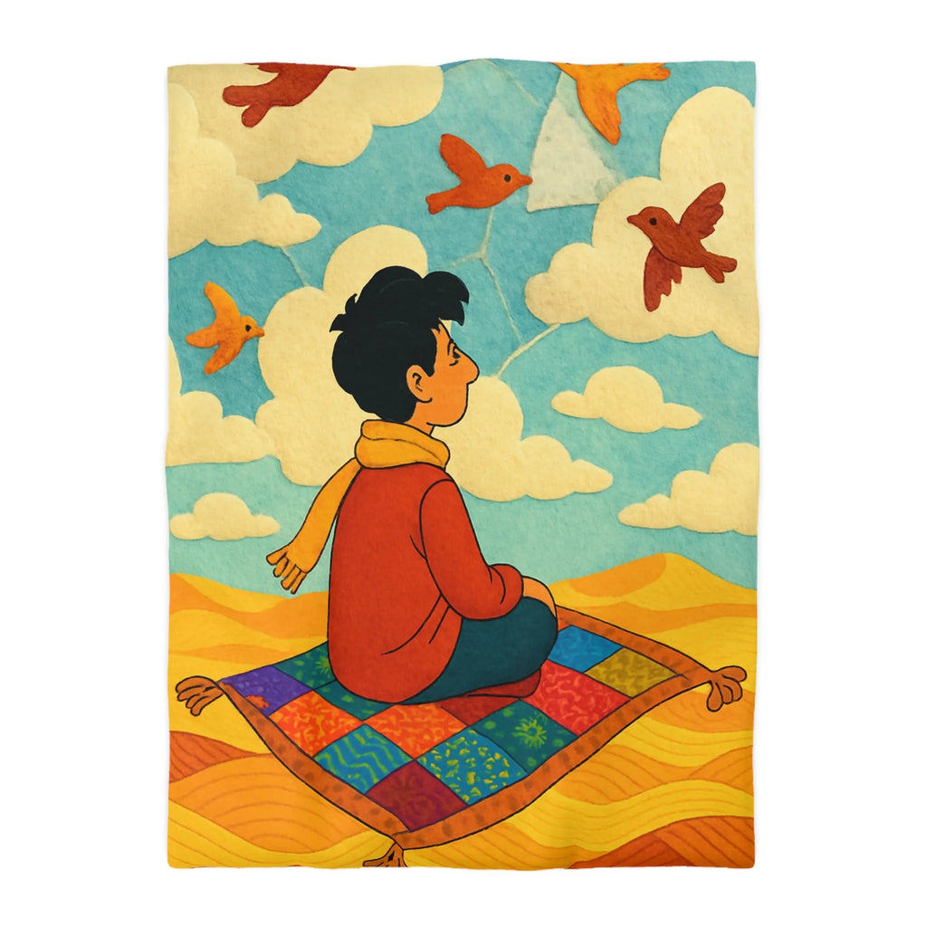 Housse de couette magique avec tapis volant et oiseaux colorés dans le ciel