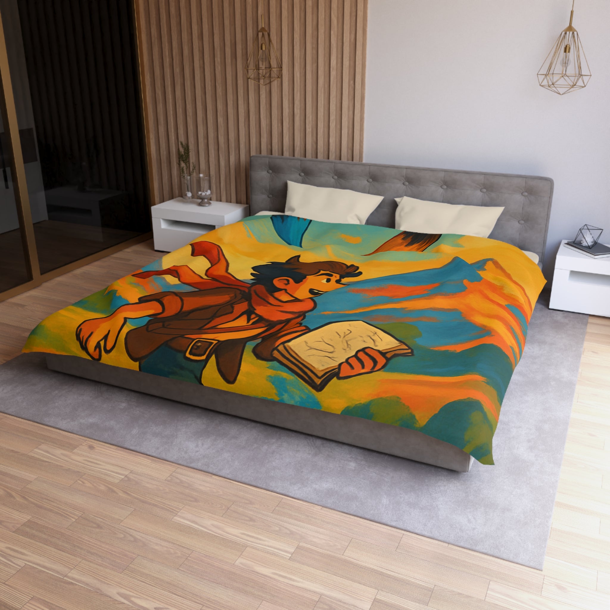 Housse de couette vibrante avec illustration de paysage montagnard et artiste joyeux