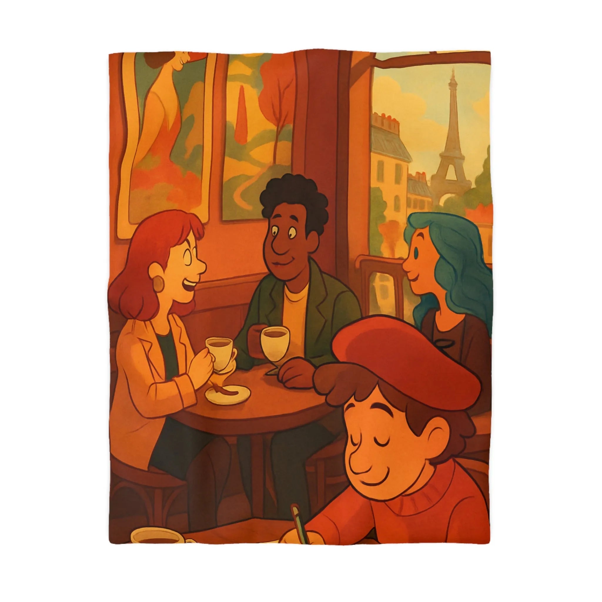 Charmante illustration de café parisien avec vue sur la Tour Eiffel en arrière-plan