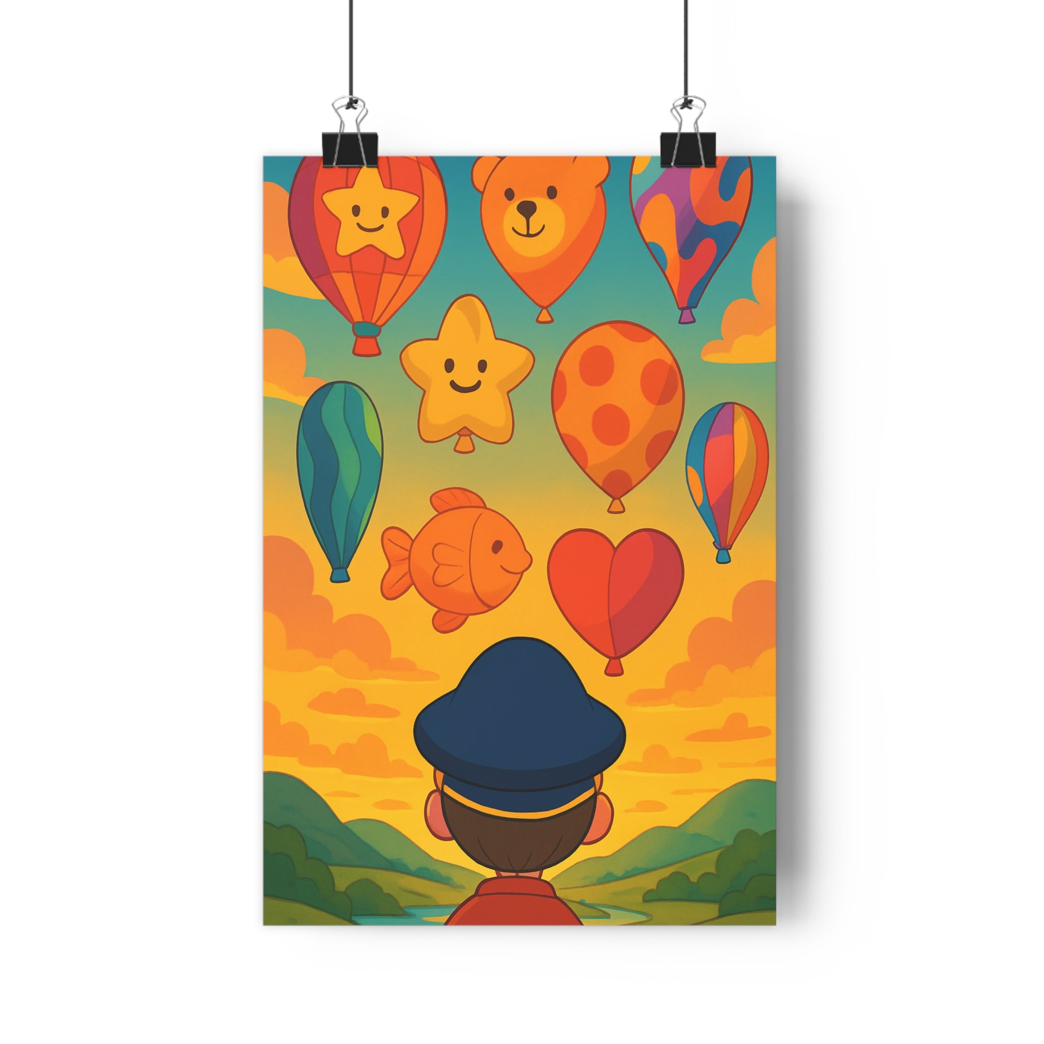 Poster décoratif coloré illustration joyeuse ciel montgolfières enfant chambre vibrant coucher soleil collines qualité