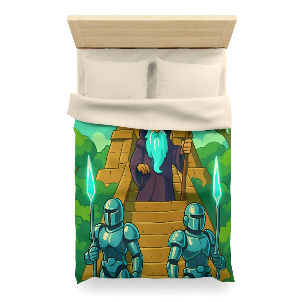 Enchanted Pyramid Landscape with Wizard and Glowing Guardians for Magical Bedding Decor
