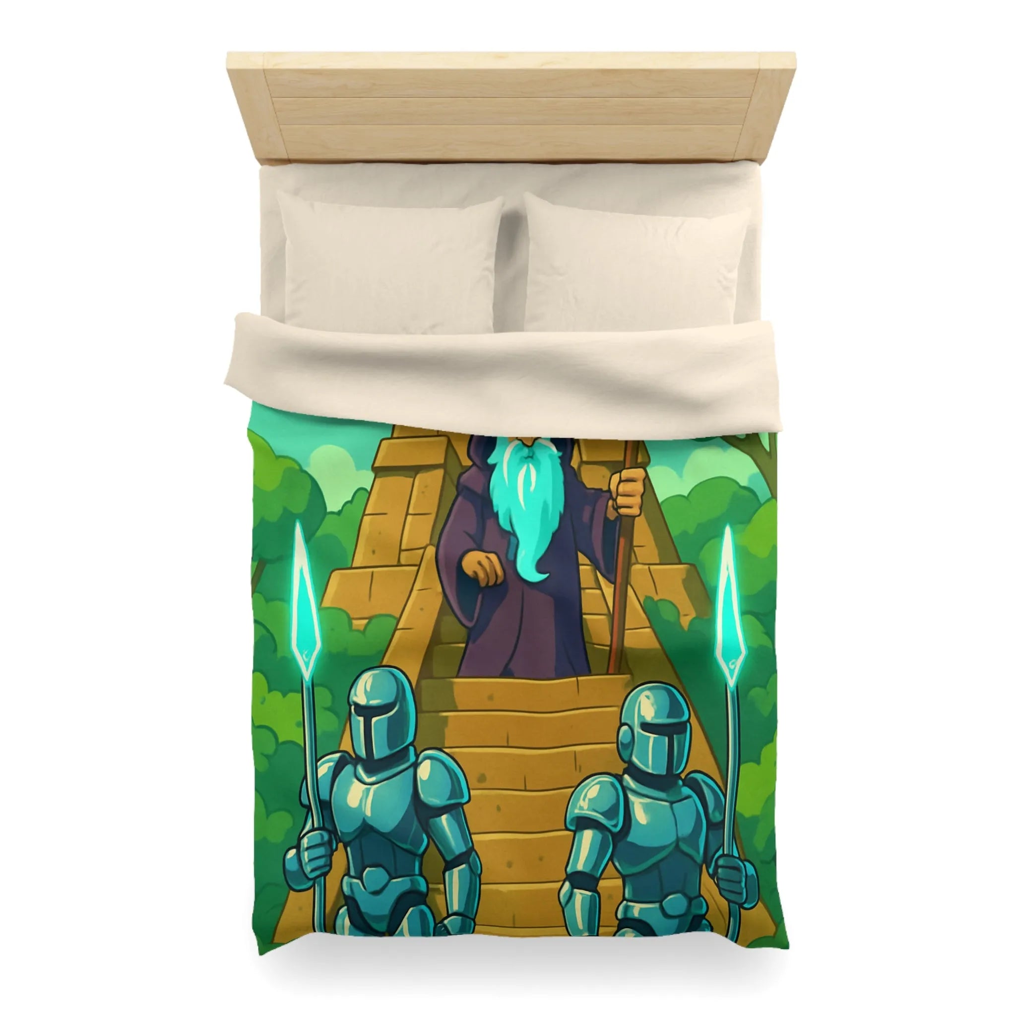 Enchanted Pyramid Landscape with Wizard and Glowing Guardians for Magical Bedding Decor