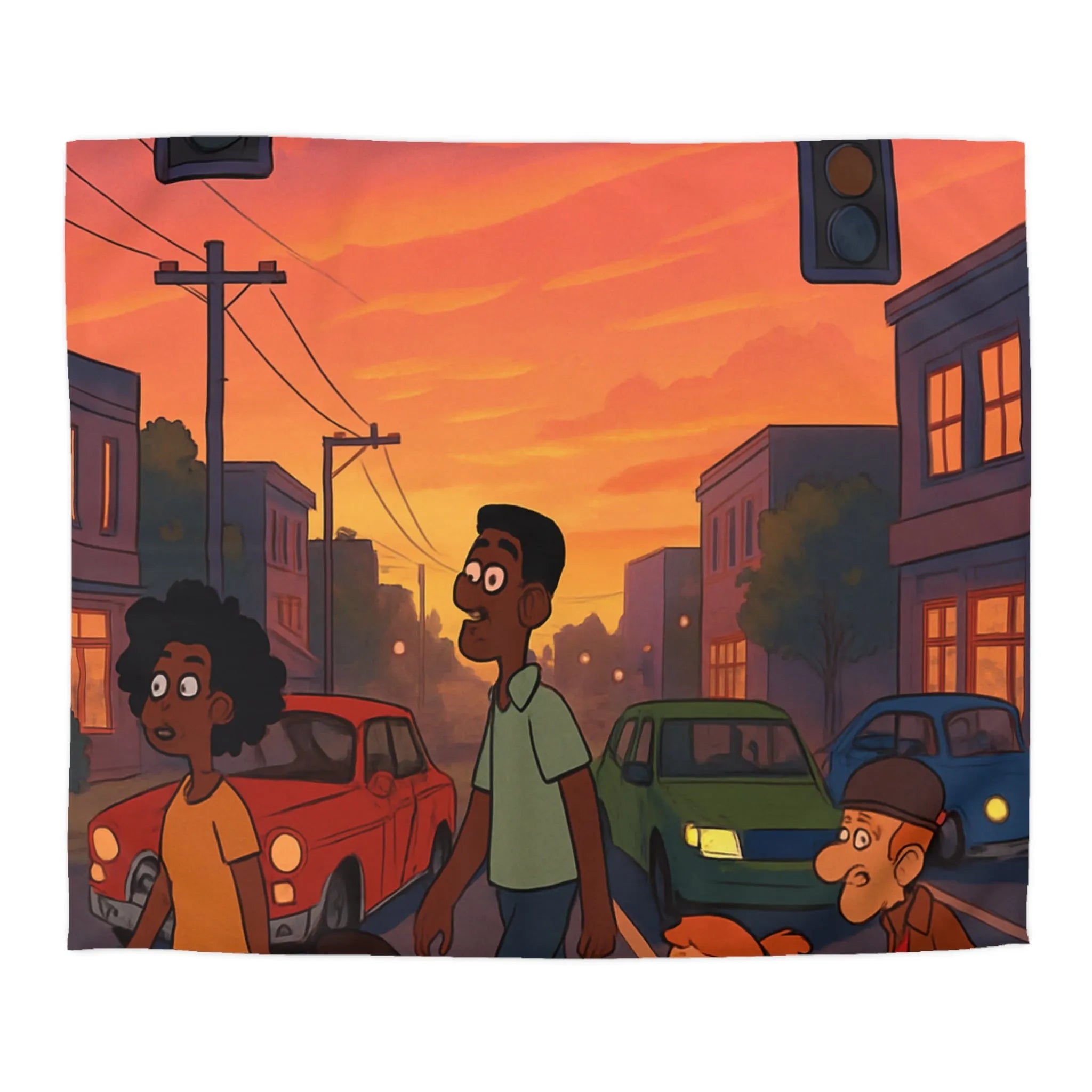 Housse de couette coucher de soleil urbain coloré, personnages divers traversant rue animée