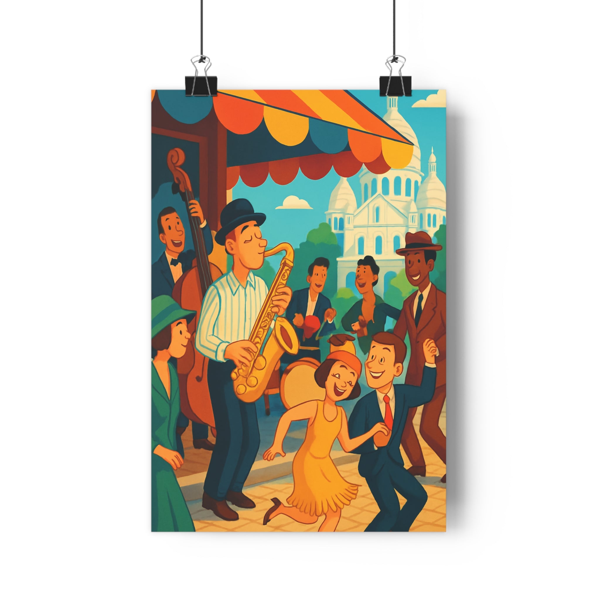 Poster décoratif jazz Paris rétro cartoon bleu jaune rouge joyeux salon chambre ambiance unique
