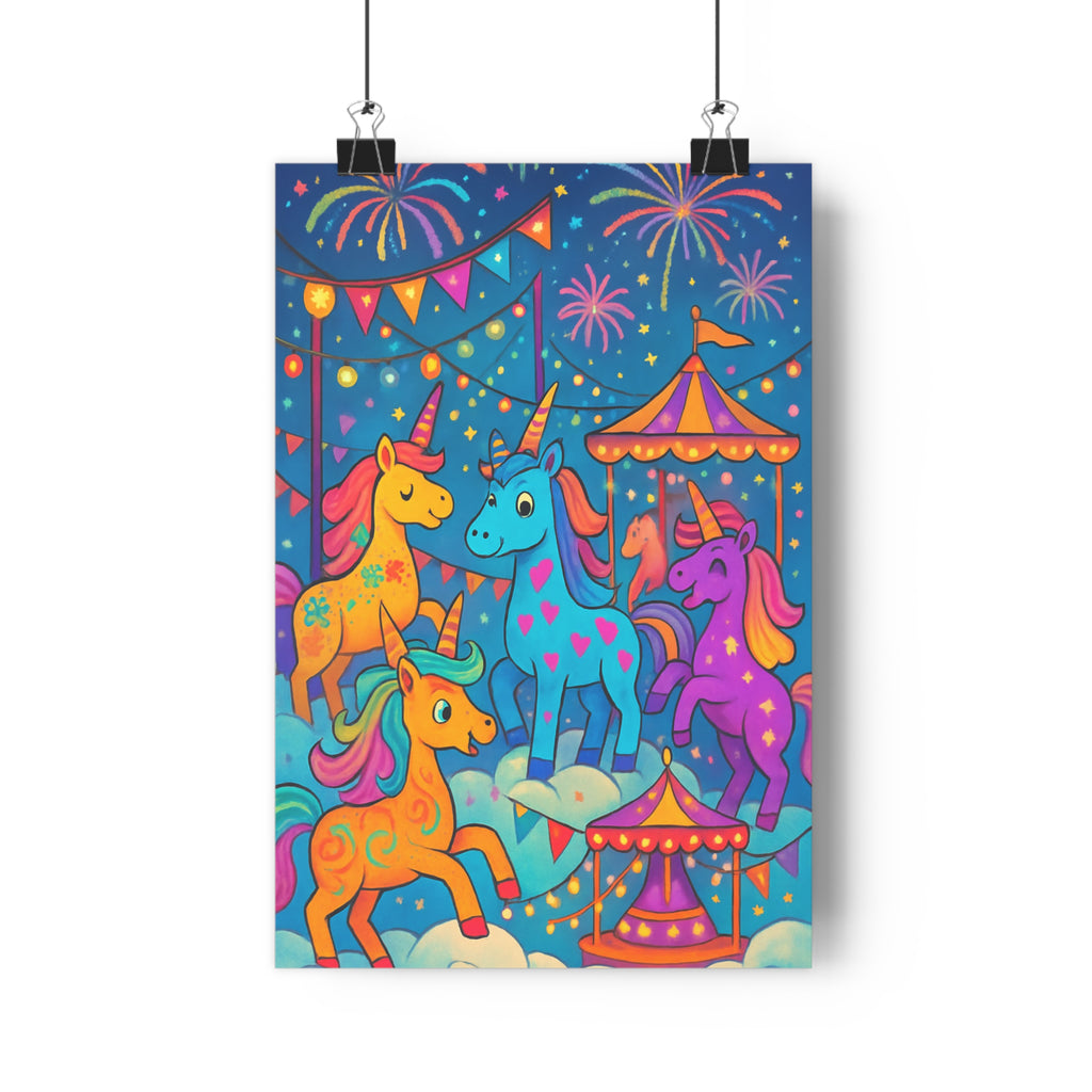 Poster décoratif mystique licorne bleu orange violet carnaval enfant joyeux féerique magique guirlandes coloré