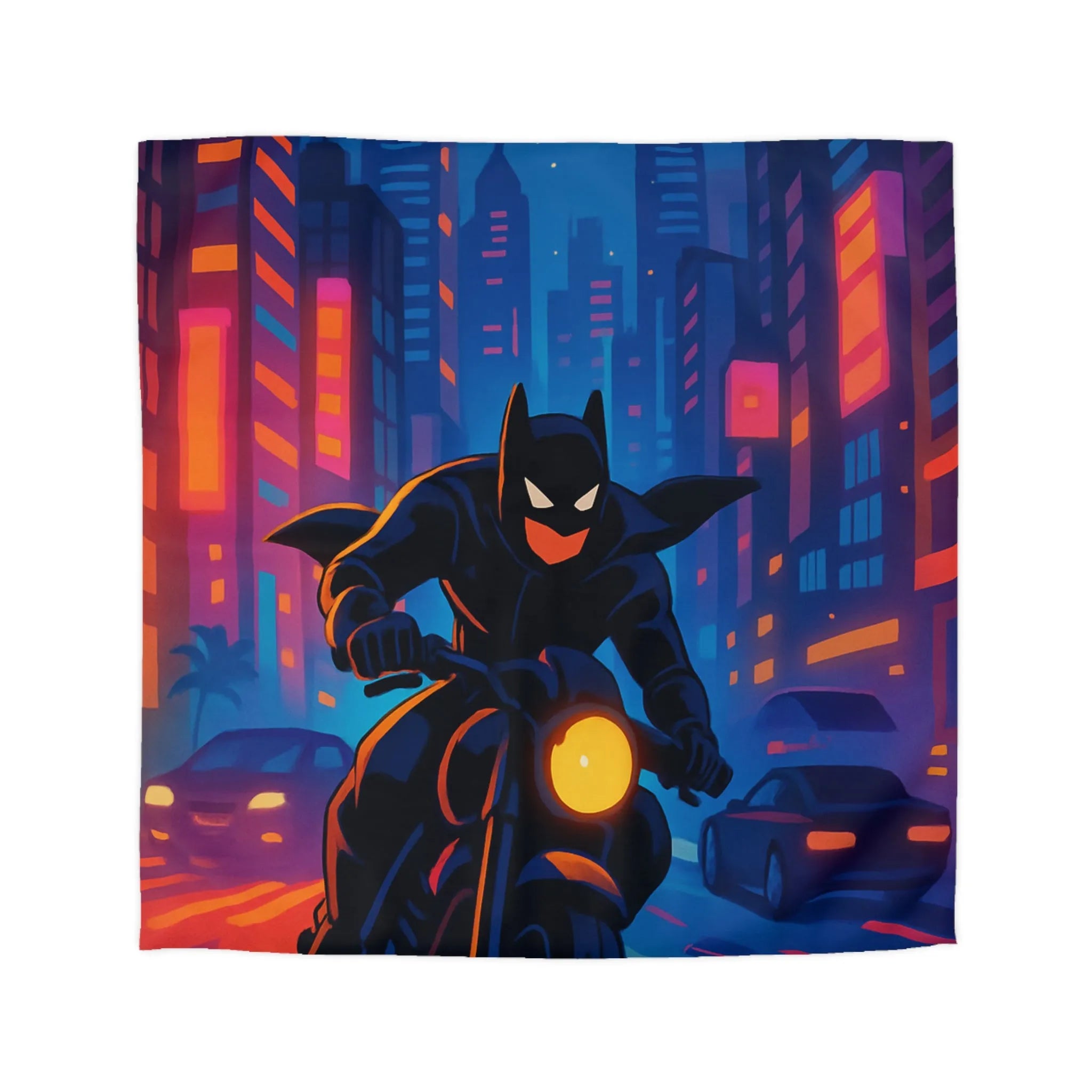 Housse de couette avec super-héros urbain sur moto, ville illuminée et hélicoptères