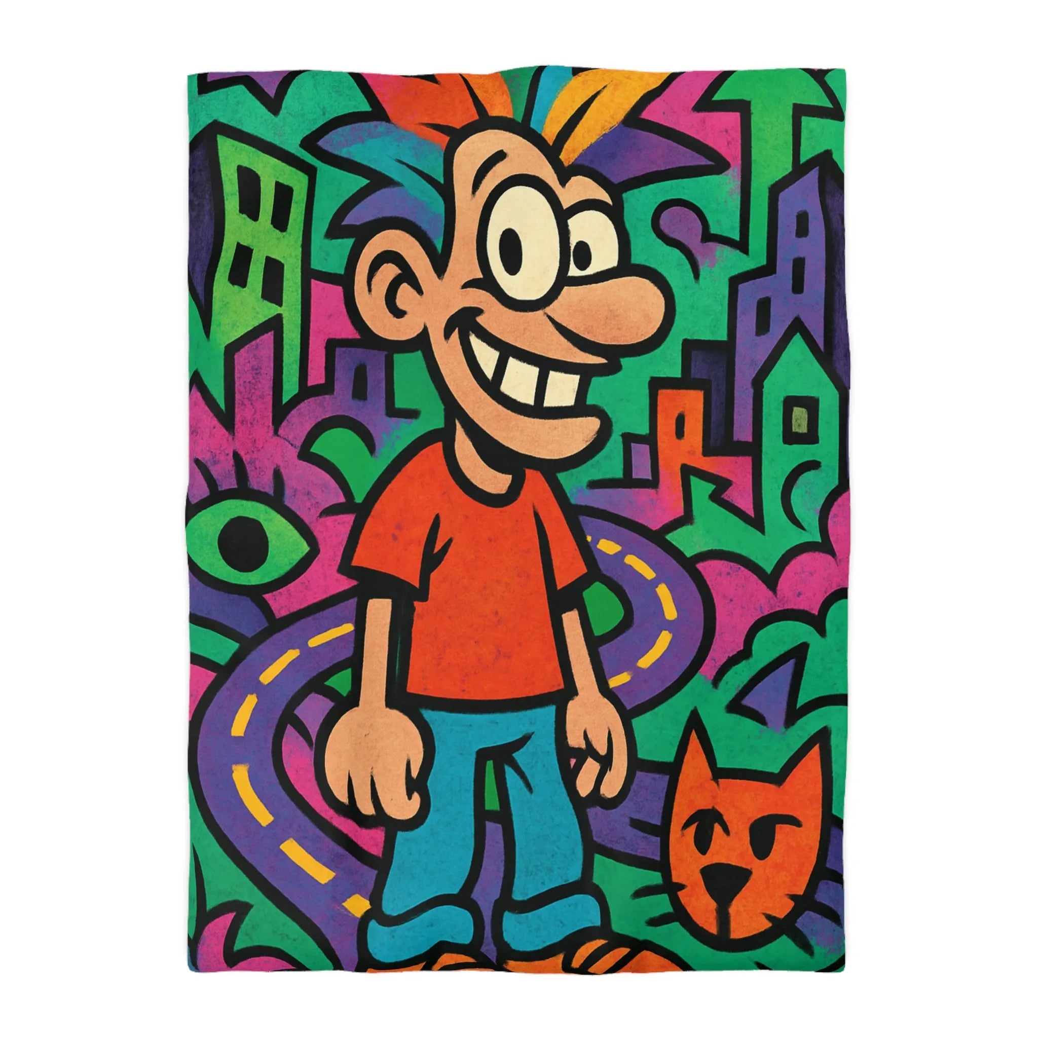 Housse de couette colorée motifs urbains et dessins animés, style pop art dynamique