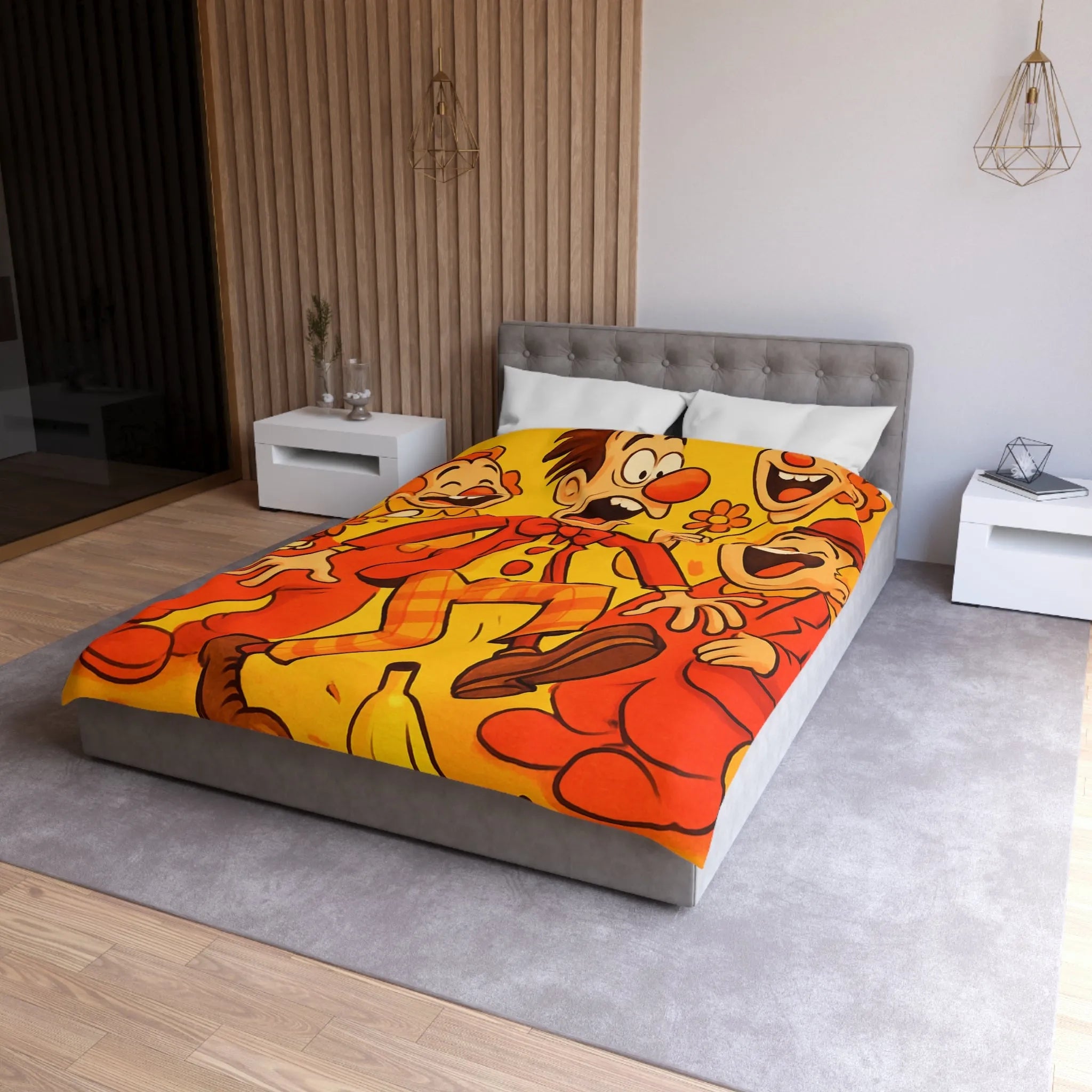 Housse de Couette Colorée avec Design Amusant de Clowns et Bananes Glissantes