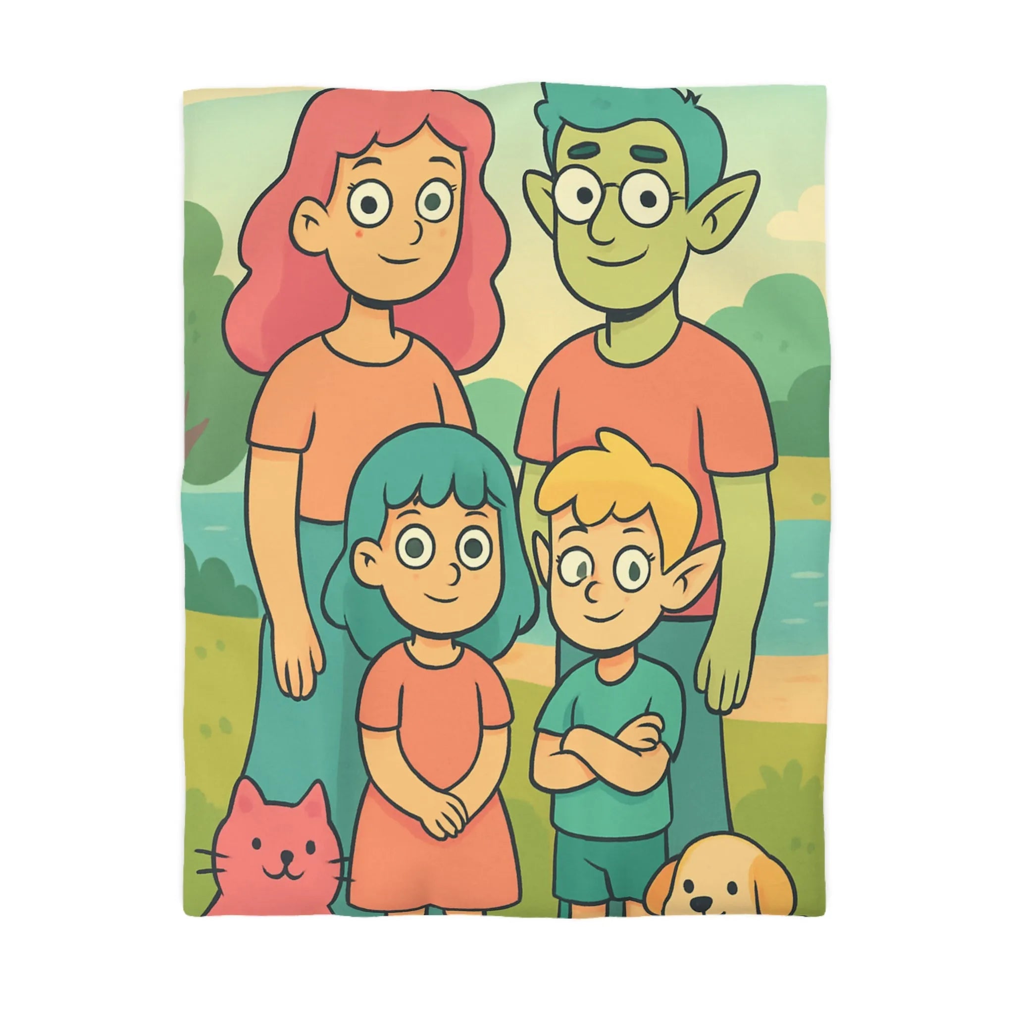 Housse de couette chaleureuse illustrant une famille enchantée et ses animaux compagnons ludiques