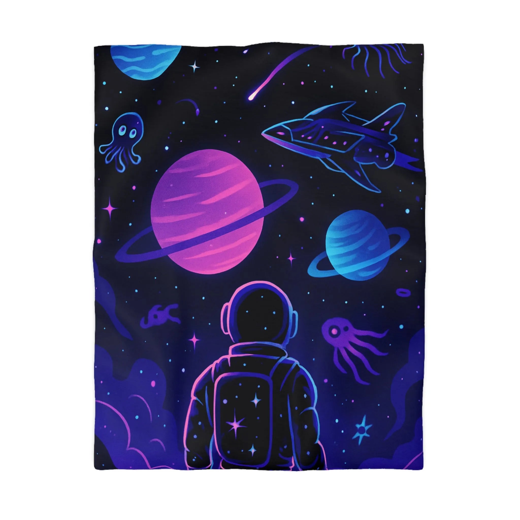 Housse de couette cosmique colorée avec astronaute, planètes et motifs galactiques rêveurs