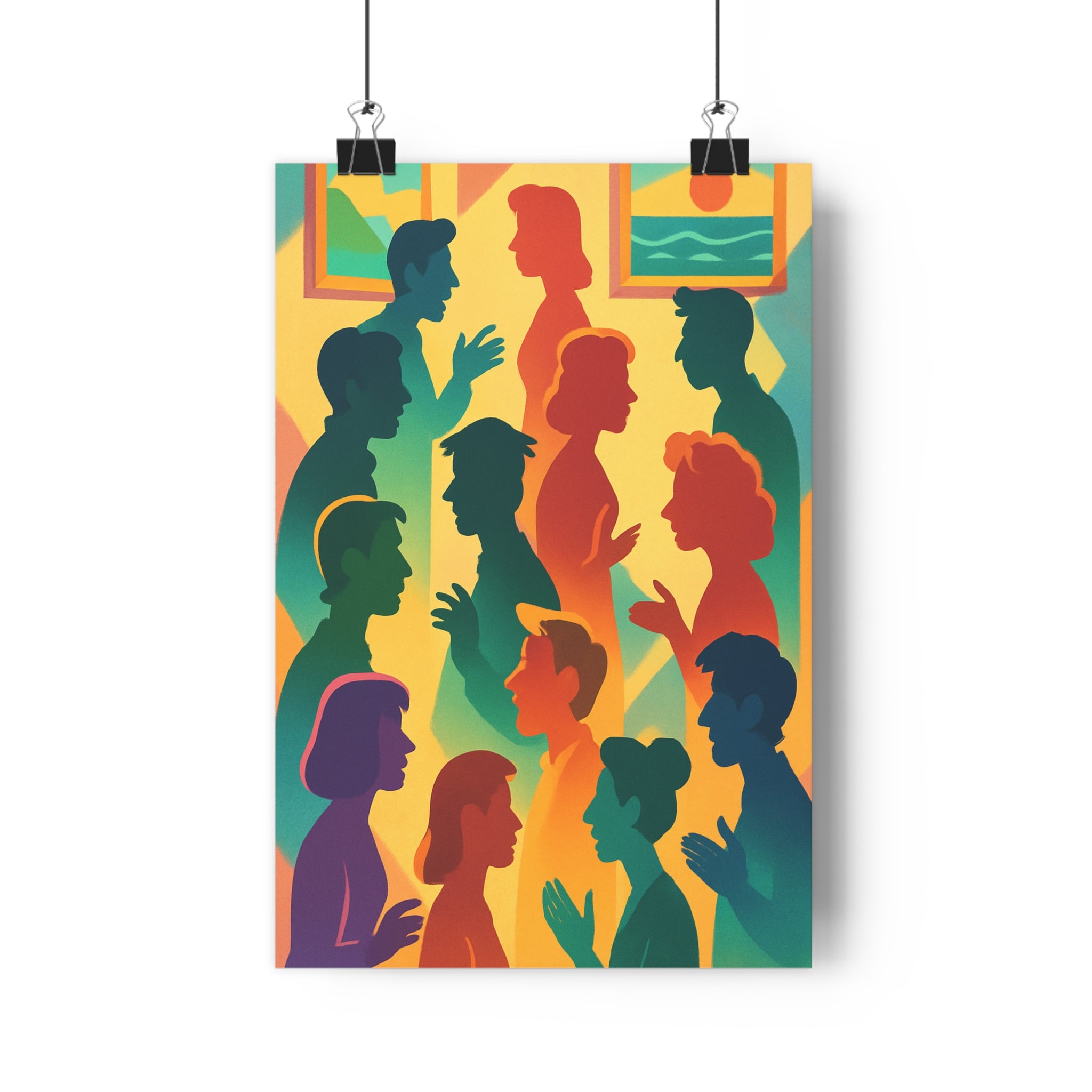 Poster décoratif moderne silhouettes colorées bleu orange vert cartoon surréaliste salon bureau dynamique intrigant