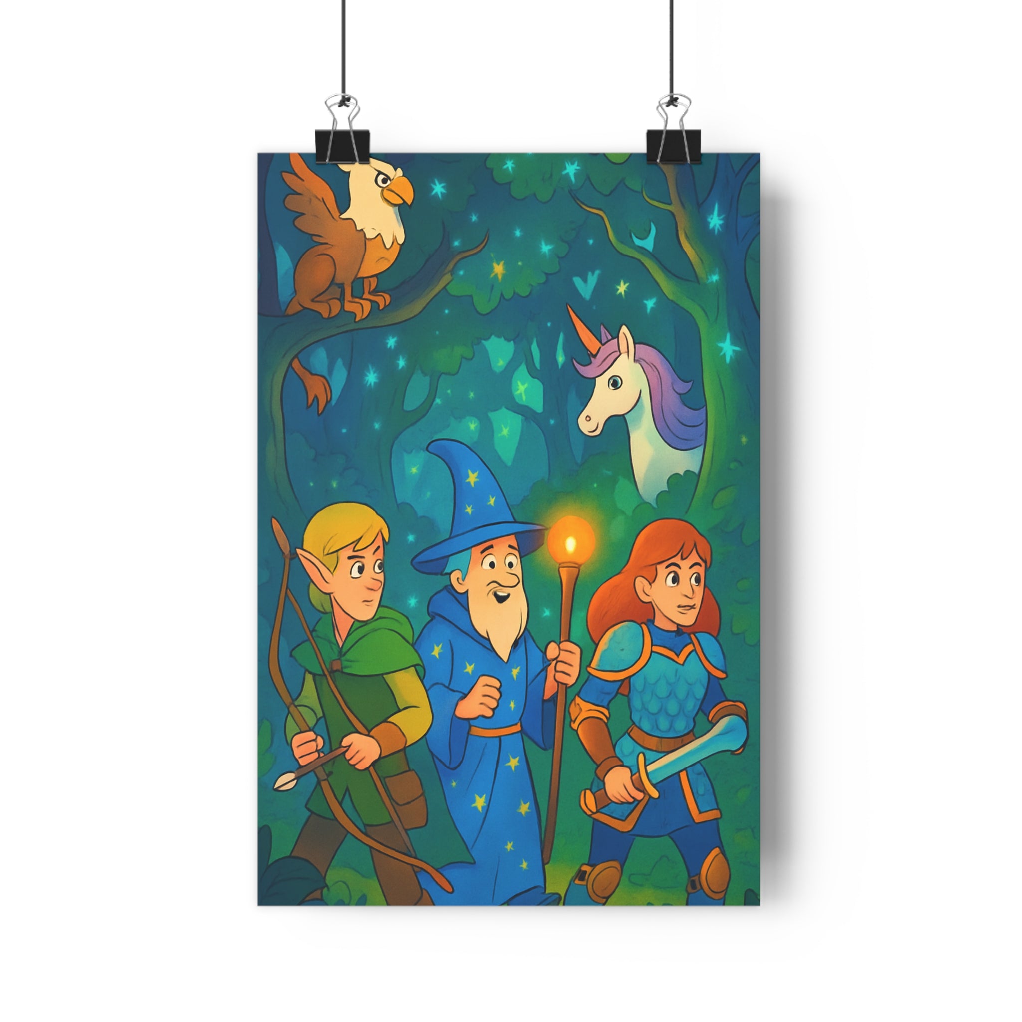 Poster décoratif magique bleu vert féerique forêt fantastique chambre enfant aventure créatures enchantées lumineux