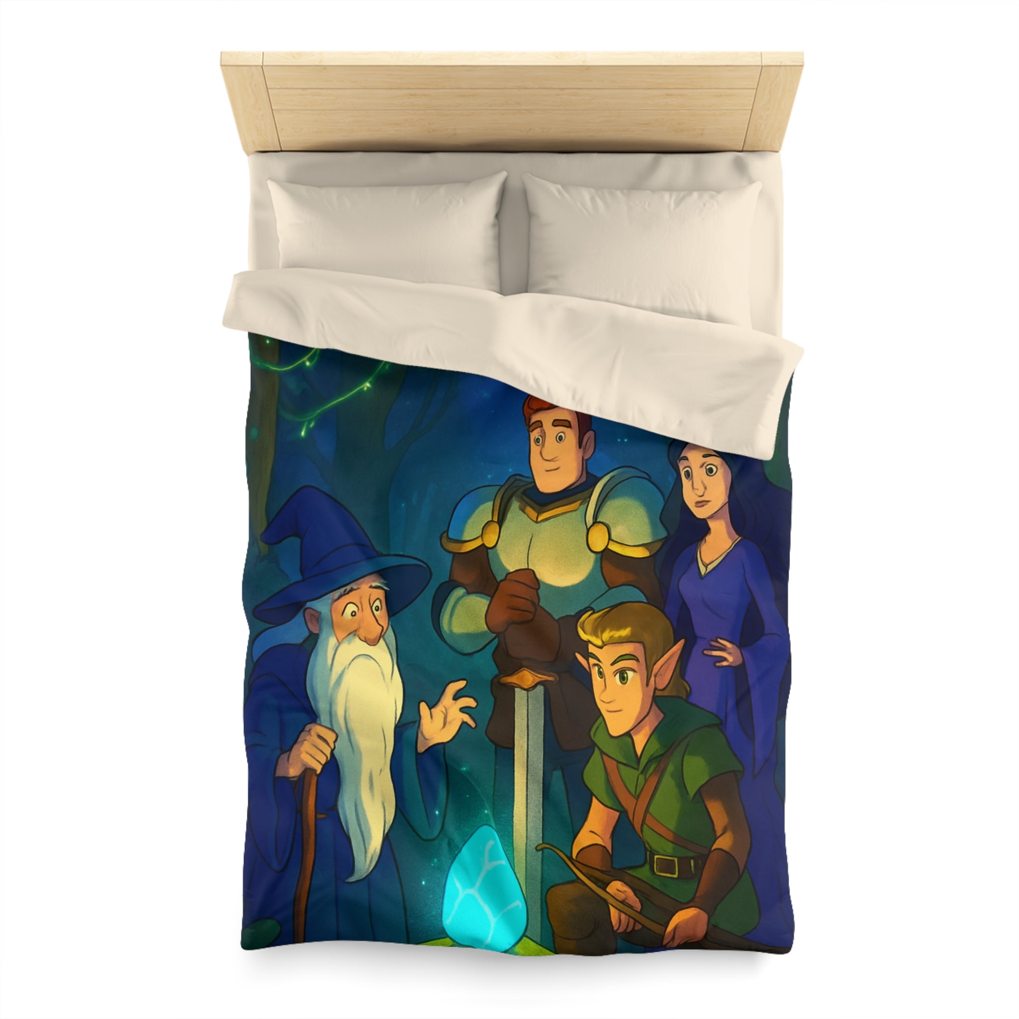 Personnages de Fantasy Réunis Autour d'un Cristal Lumineux dans la Forêt Enchantée