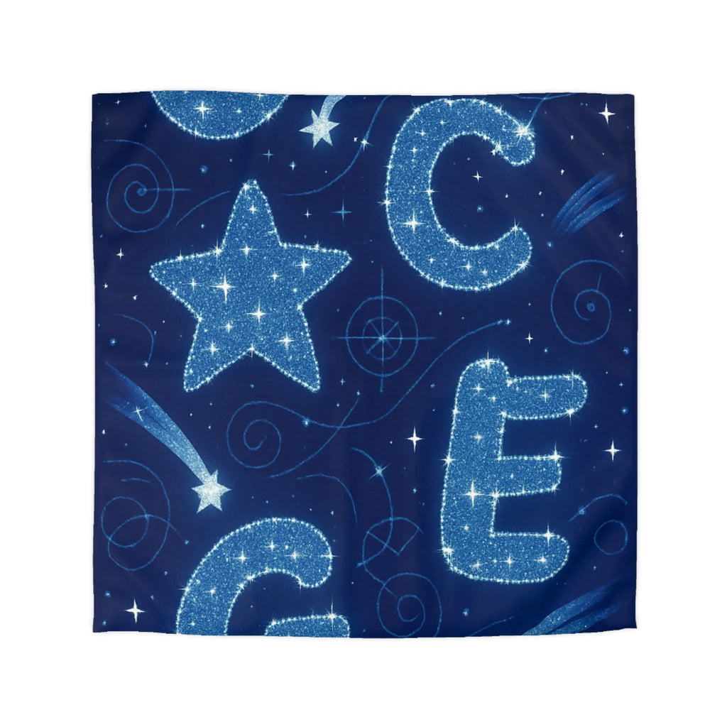 Housse de couette espace étoilé avec lettres scintillantes et planètes en arrière-plan